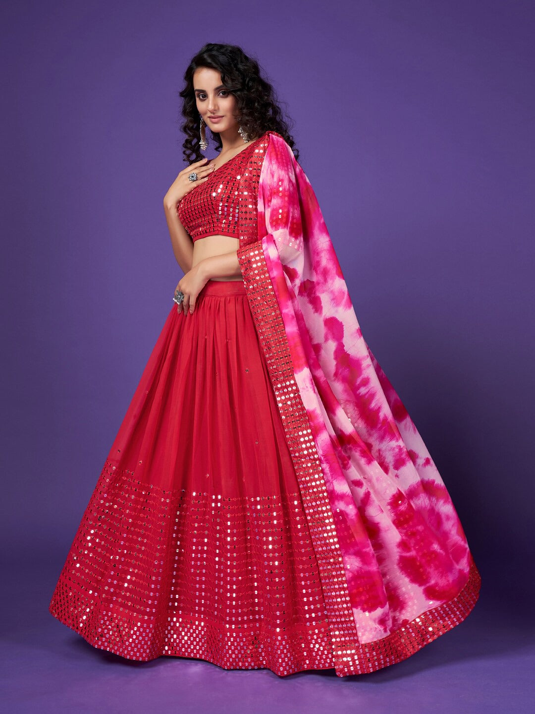 Red Sequins Embroidered Sangeet Lehenga Choli