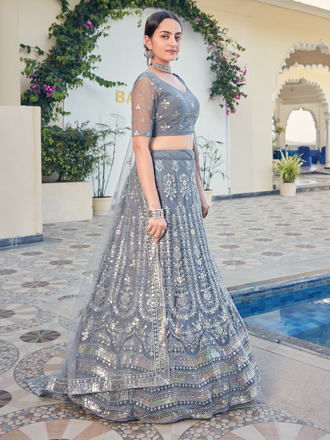 Grey color Lehenga choli with sequence work