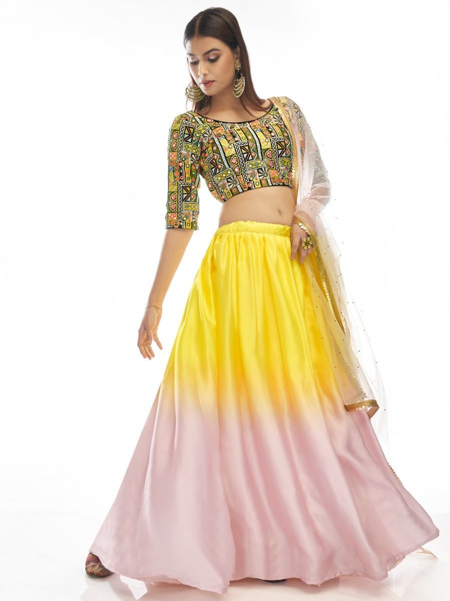 Pink And Yellow Embroidered Georgette Lehenga Choli