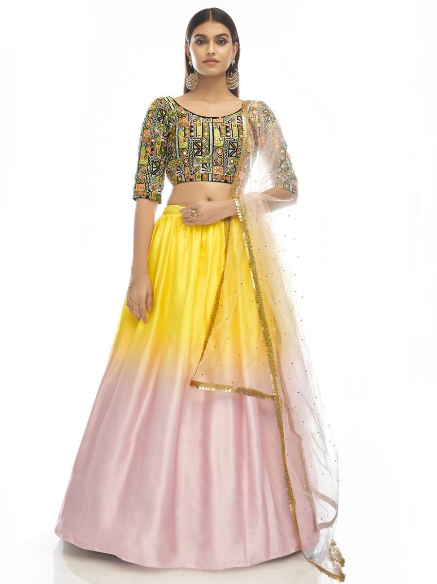 Pink And Yellow Embroidered Georgette Lehenga Choli