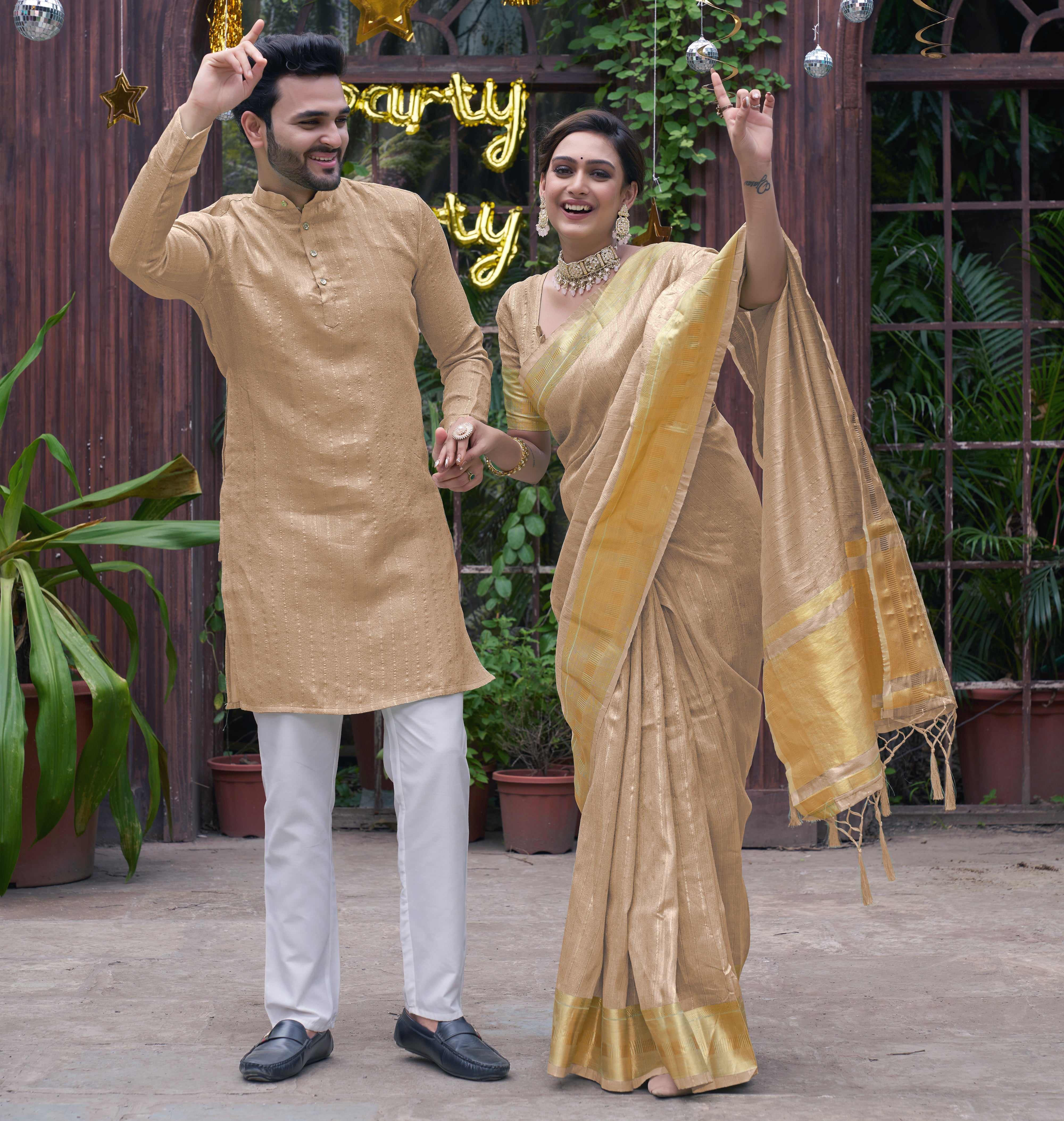 Bansari Mishri Beige Couple set Saree with Kurta