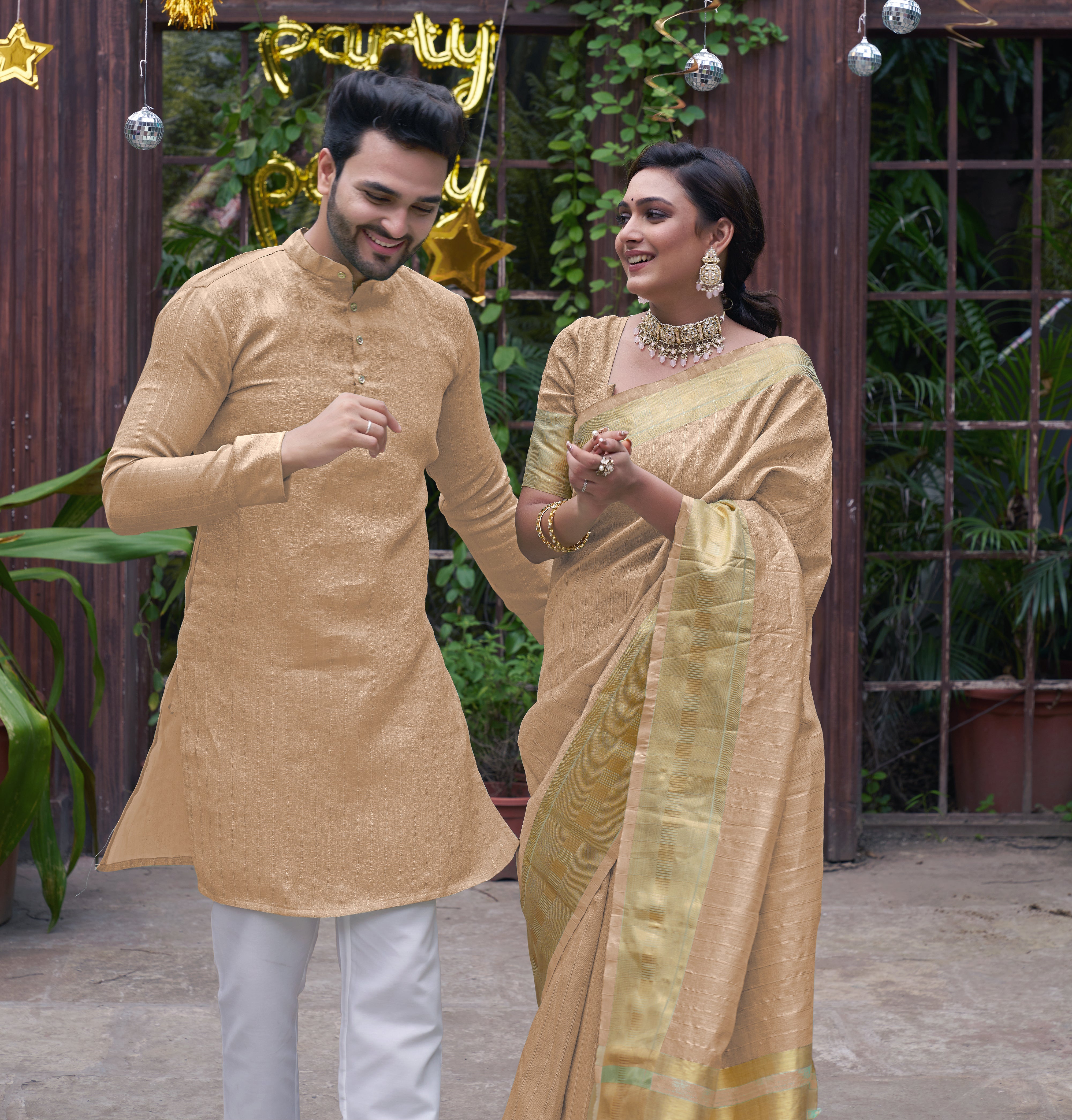 Bansari Mishri Beige Couple set Saree with Kurta