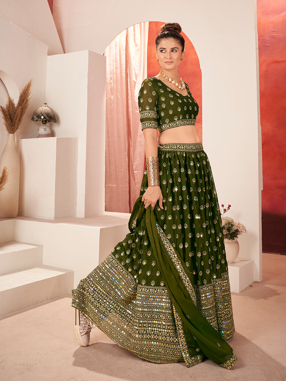 Olive Green Gold Embroidered Mehendi Special Silk Lehenga Choli