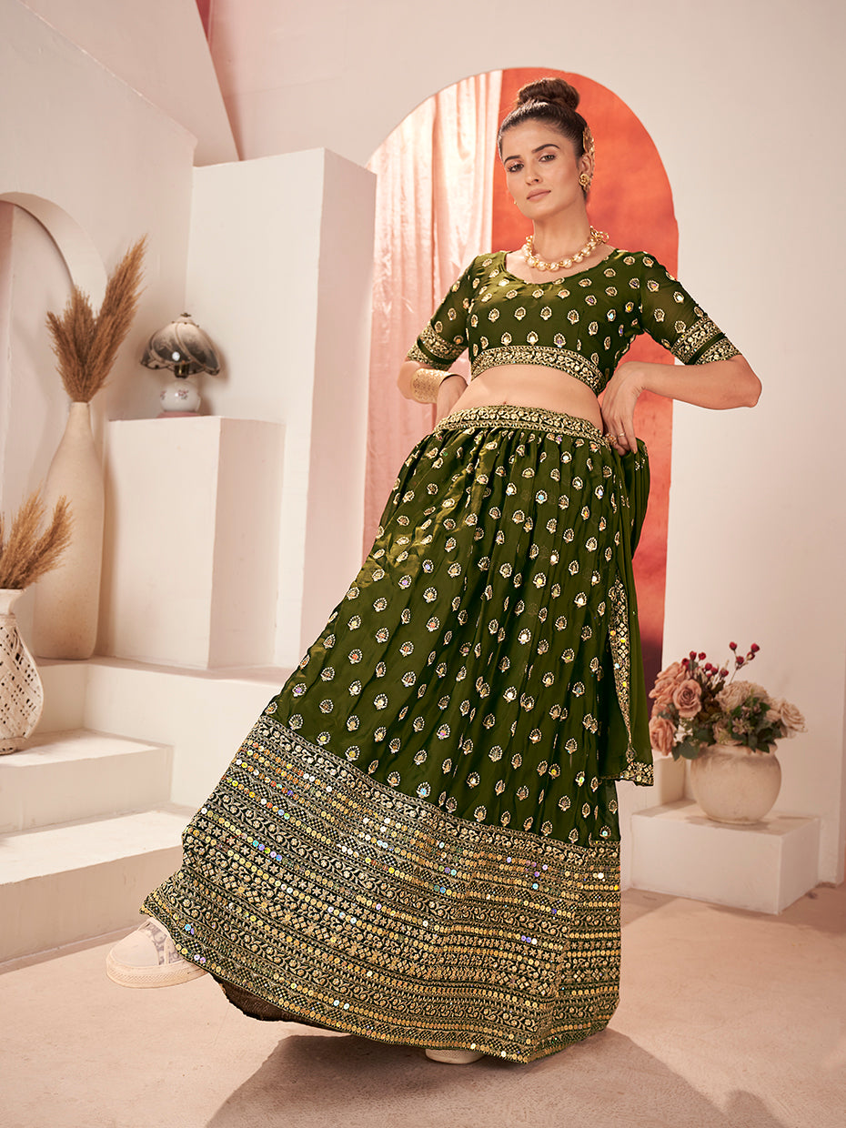 Olive Green Gold Embroidered Mehendi Special Silk Lehenga Choli