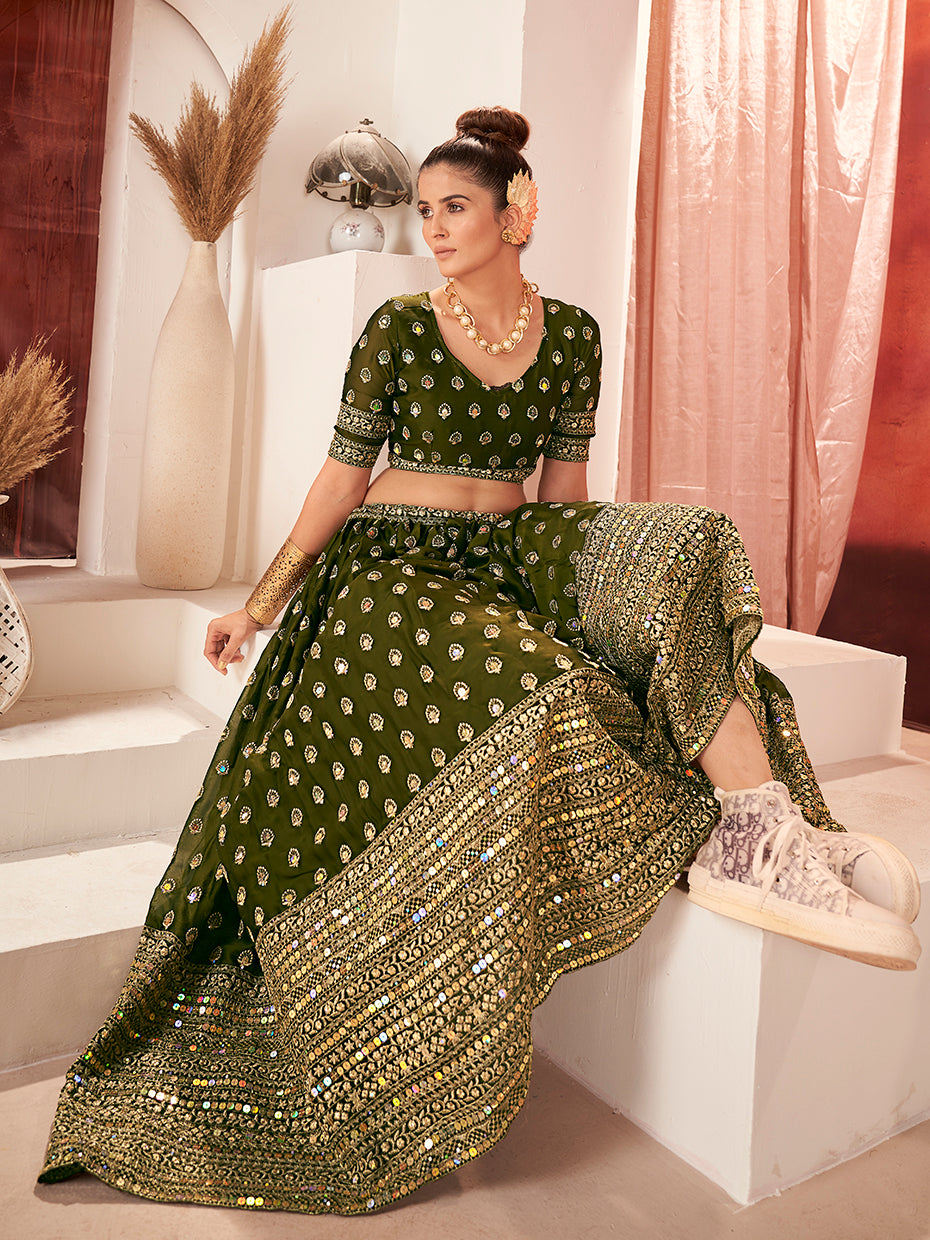 Olive Green Gold Embroidered Mehendi Special Silk Lehenga Choli