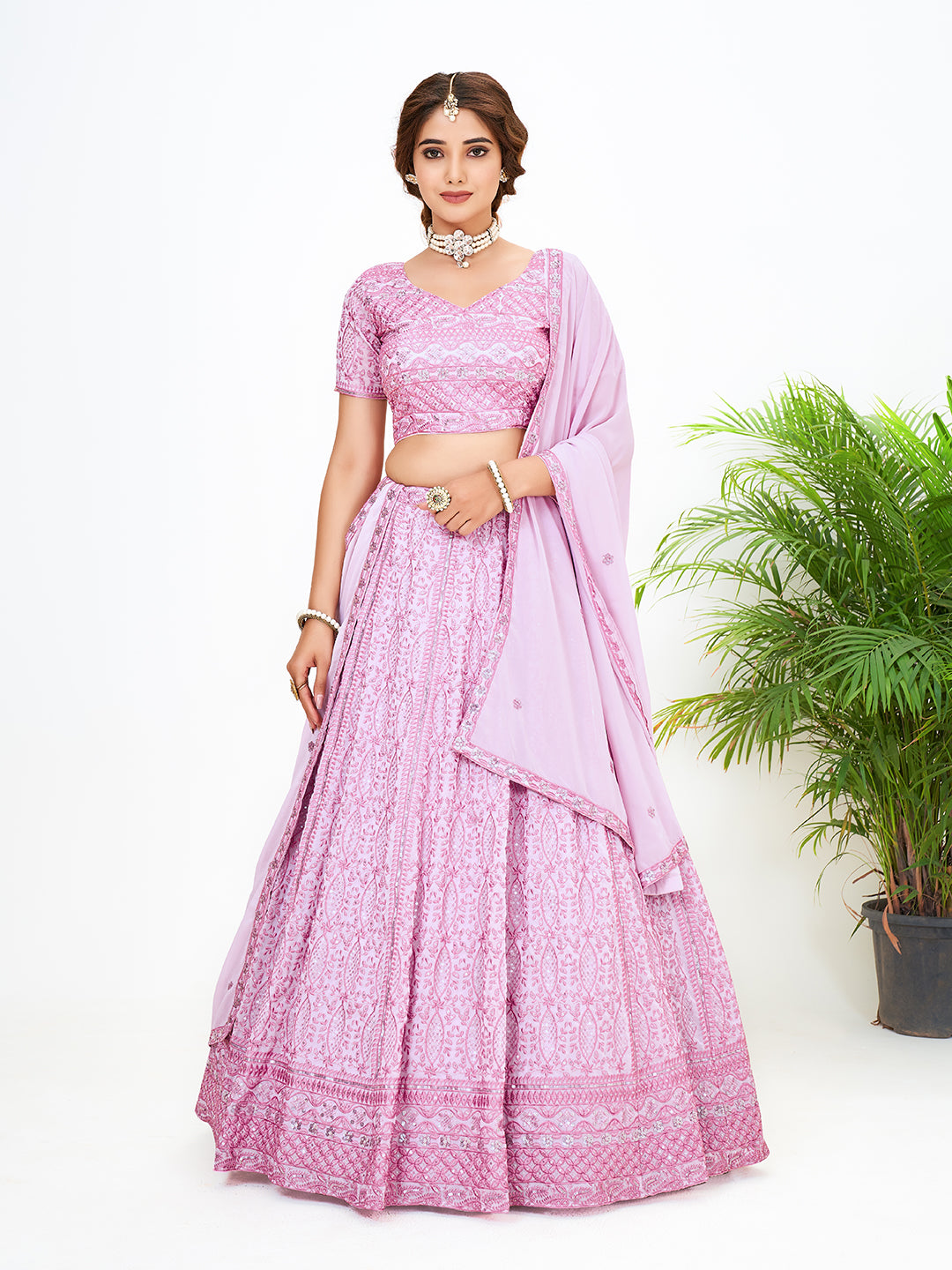 Lavender Georgette Embroidered Navratri Special Lehenga Choli