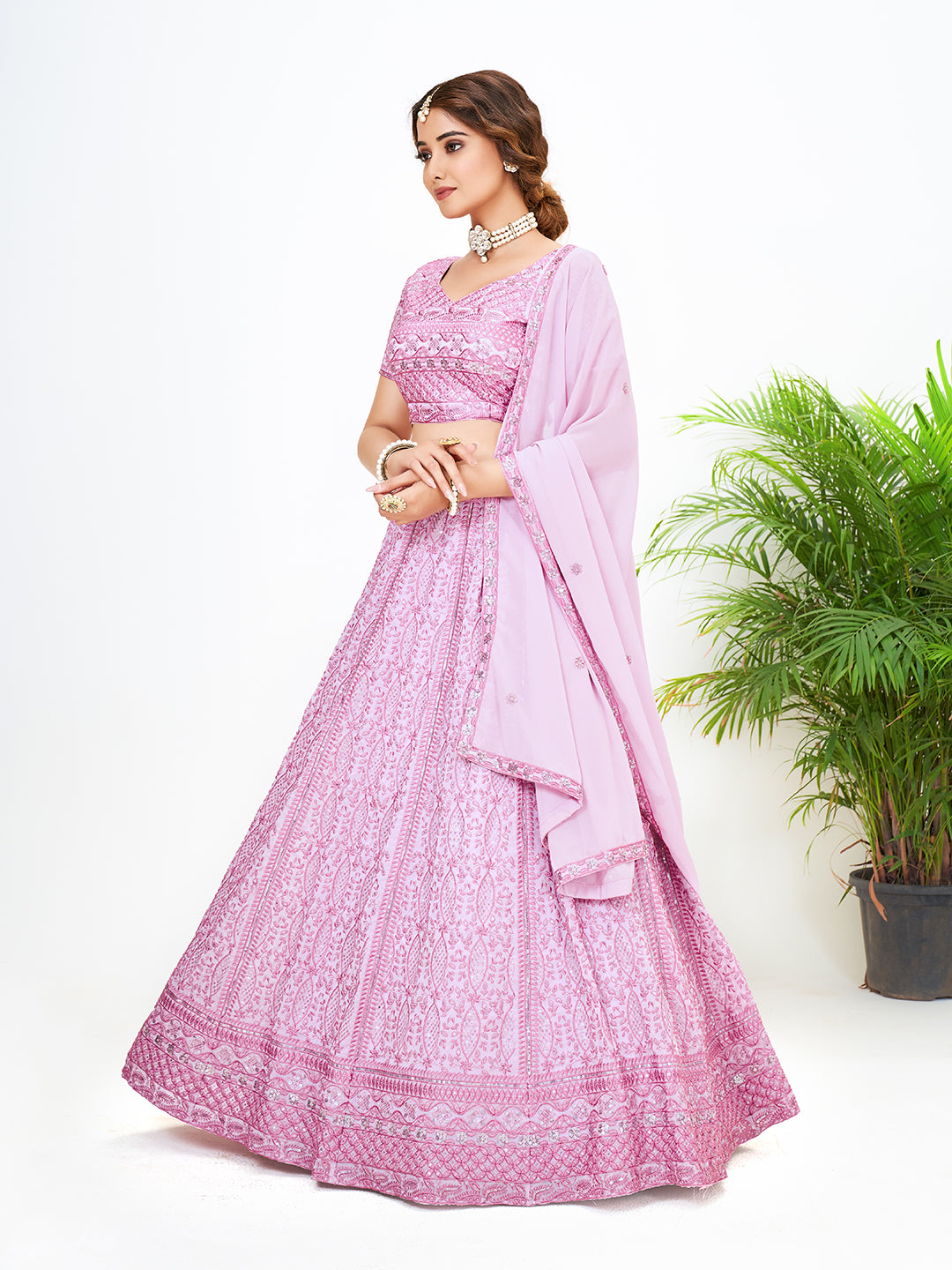 Lavender Georgette Embroidered Navratri Special Lehenga Choli