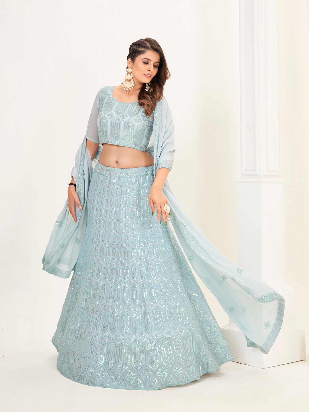 Baby Blue Georgette Embroidered Wedding Lehenga Choli