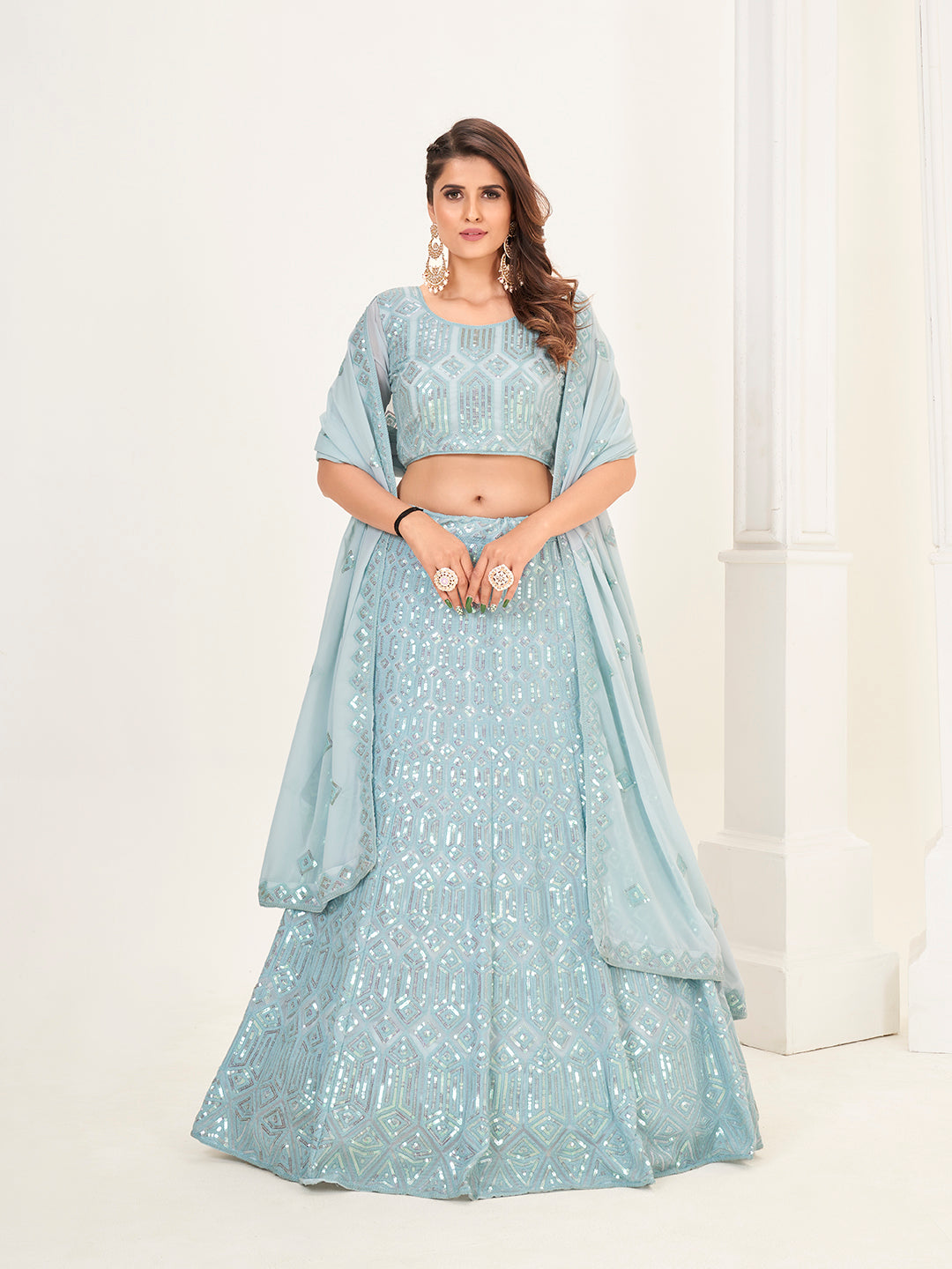 Baby Blue Georgette Embroidered Wedding Lehenga Choli