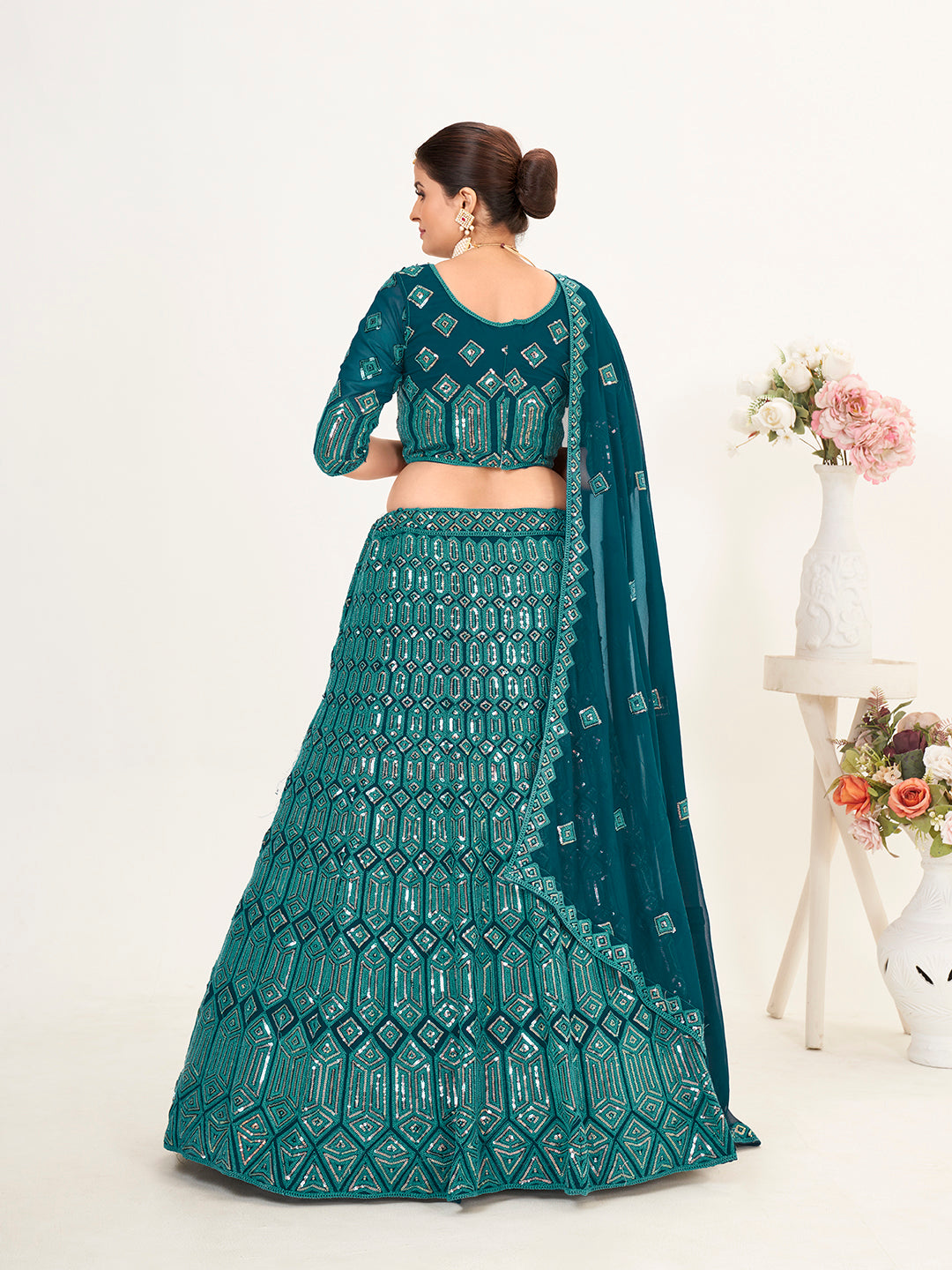 Teal Blue Georgette Embroidered Wedding Lehenga Choli