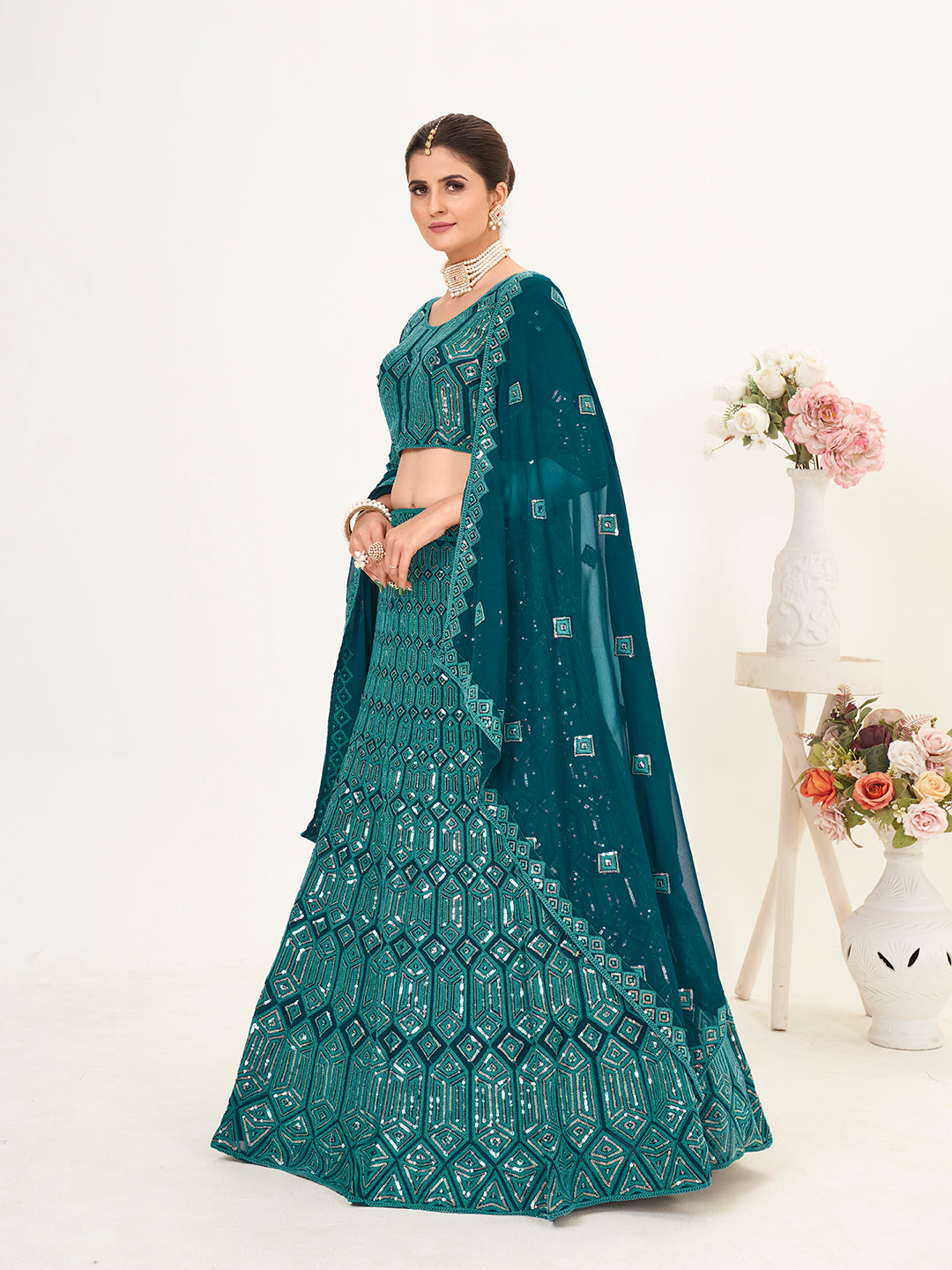 Teal Blue Georgette Embroidered Wedding Lehenga Choli