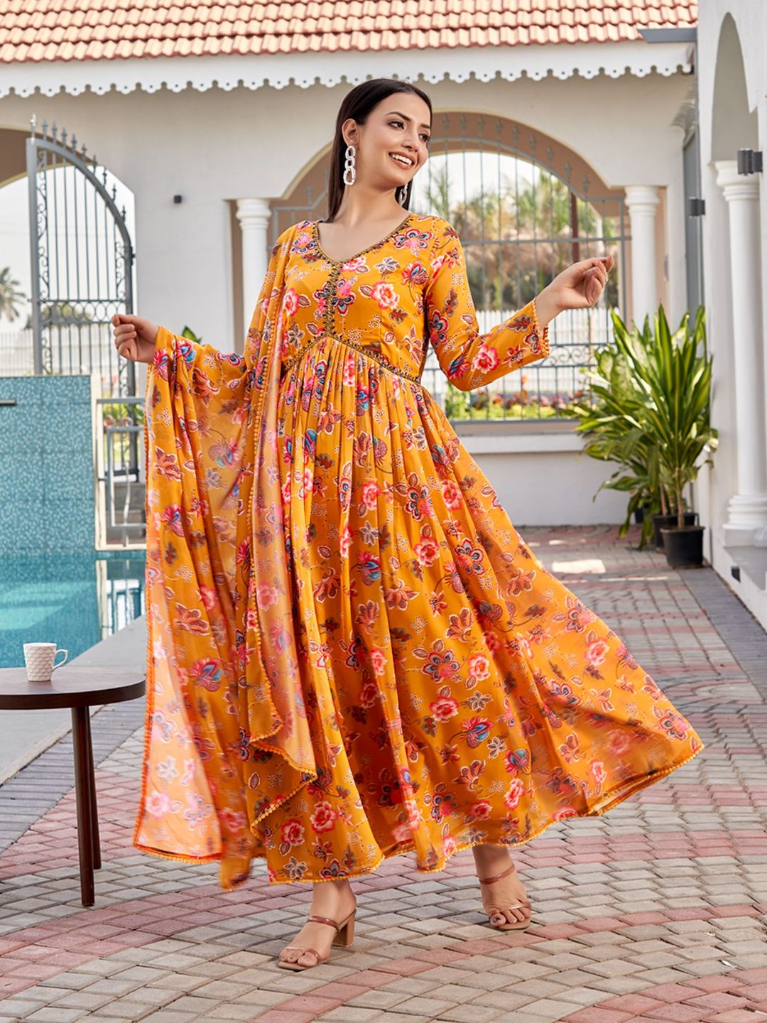 Mustard Floral Printed Georgette Anarkali with Dupatta