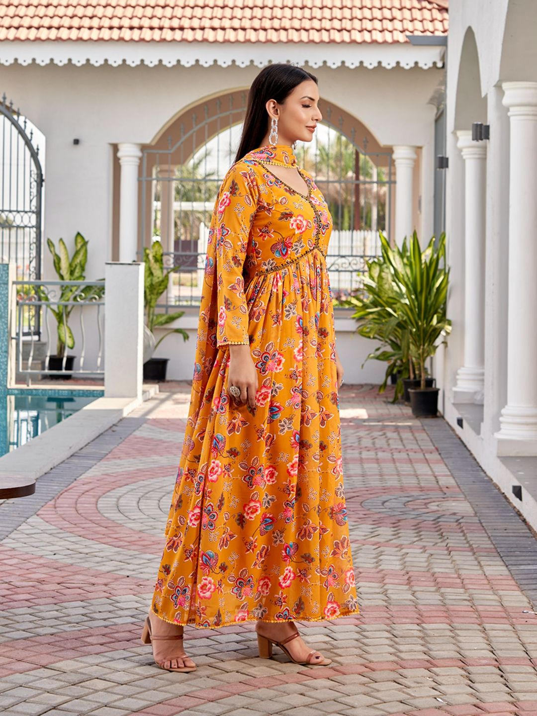 Mustard Floral Printed Georgette Anarkali with Dupatta