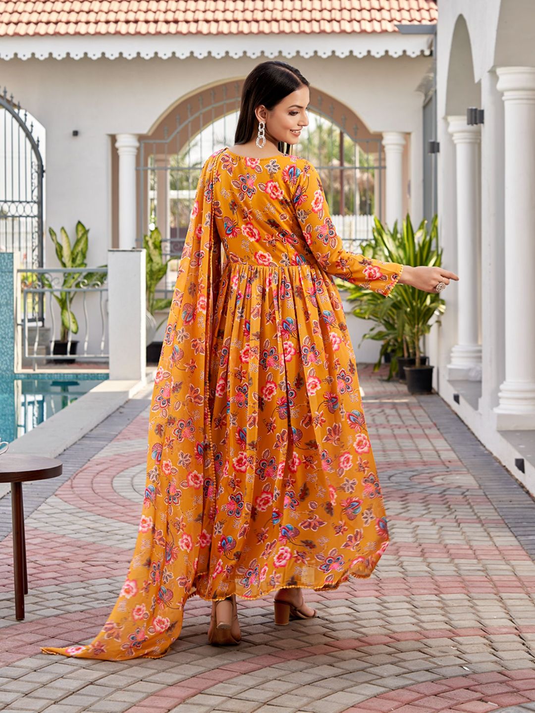 Mustard Floral Printed Georgette Anarkali with Dupatta