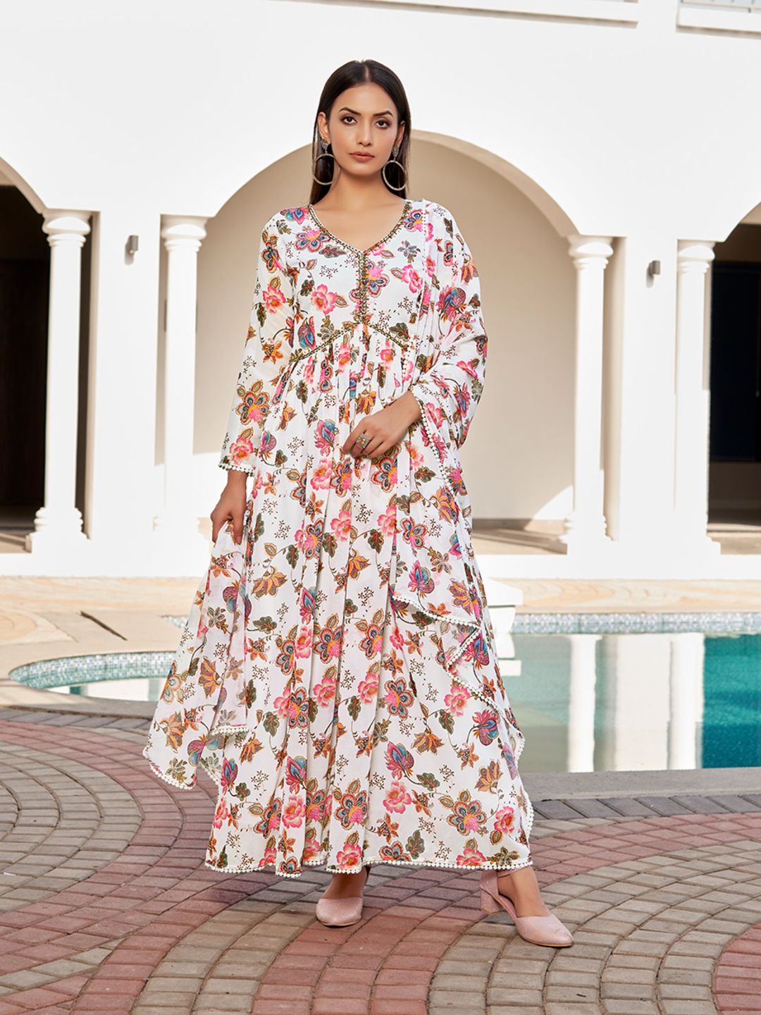 Bright White Floral Printed Georgette Anarkali with Dupatta