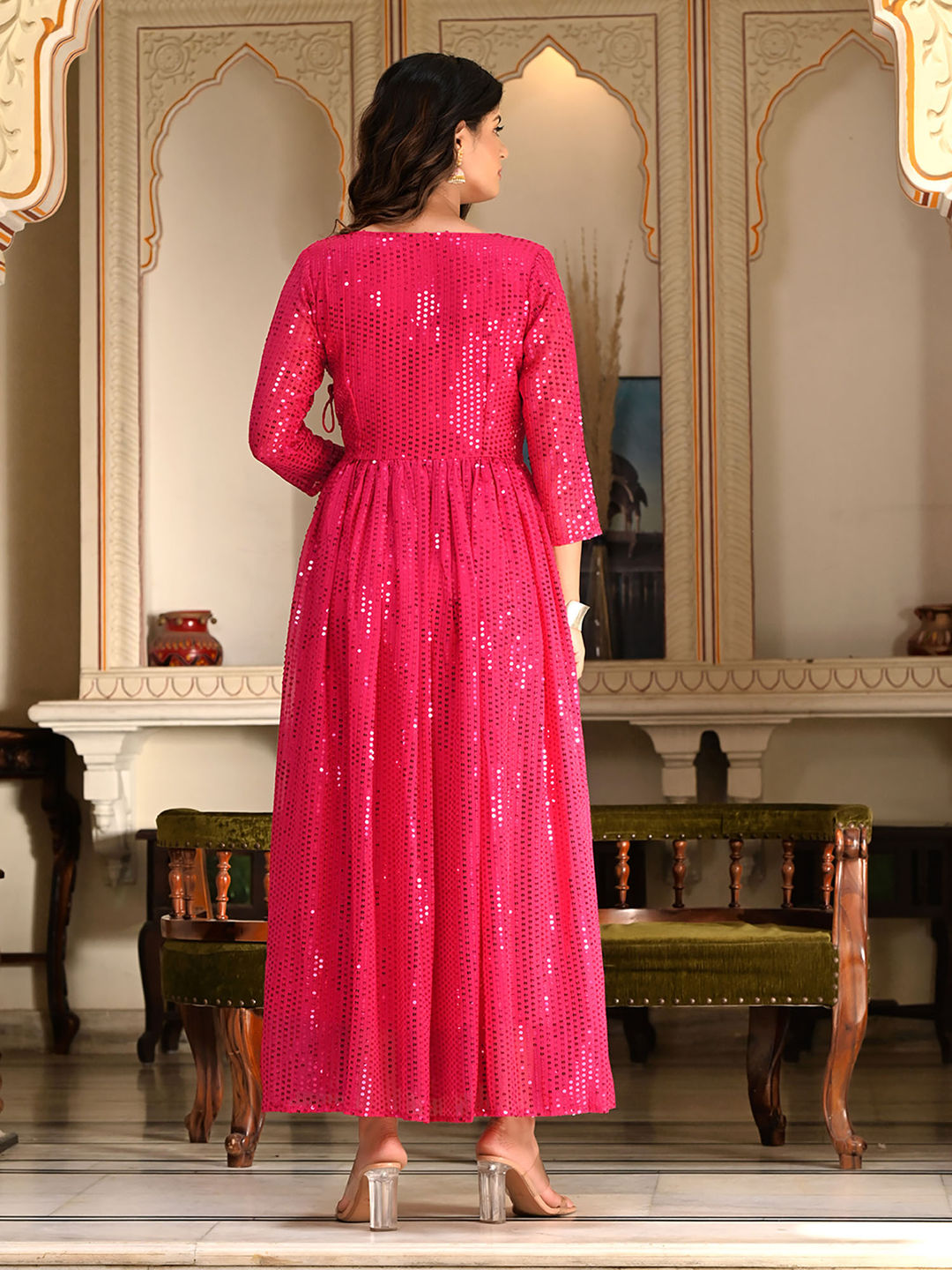 Rani Pink Sequins Embroidered Georgette V-Neck Flared Gown