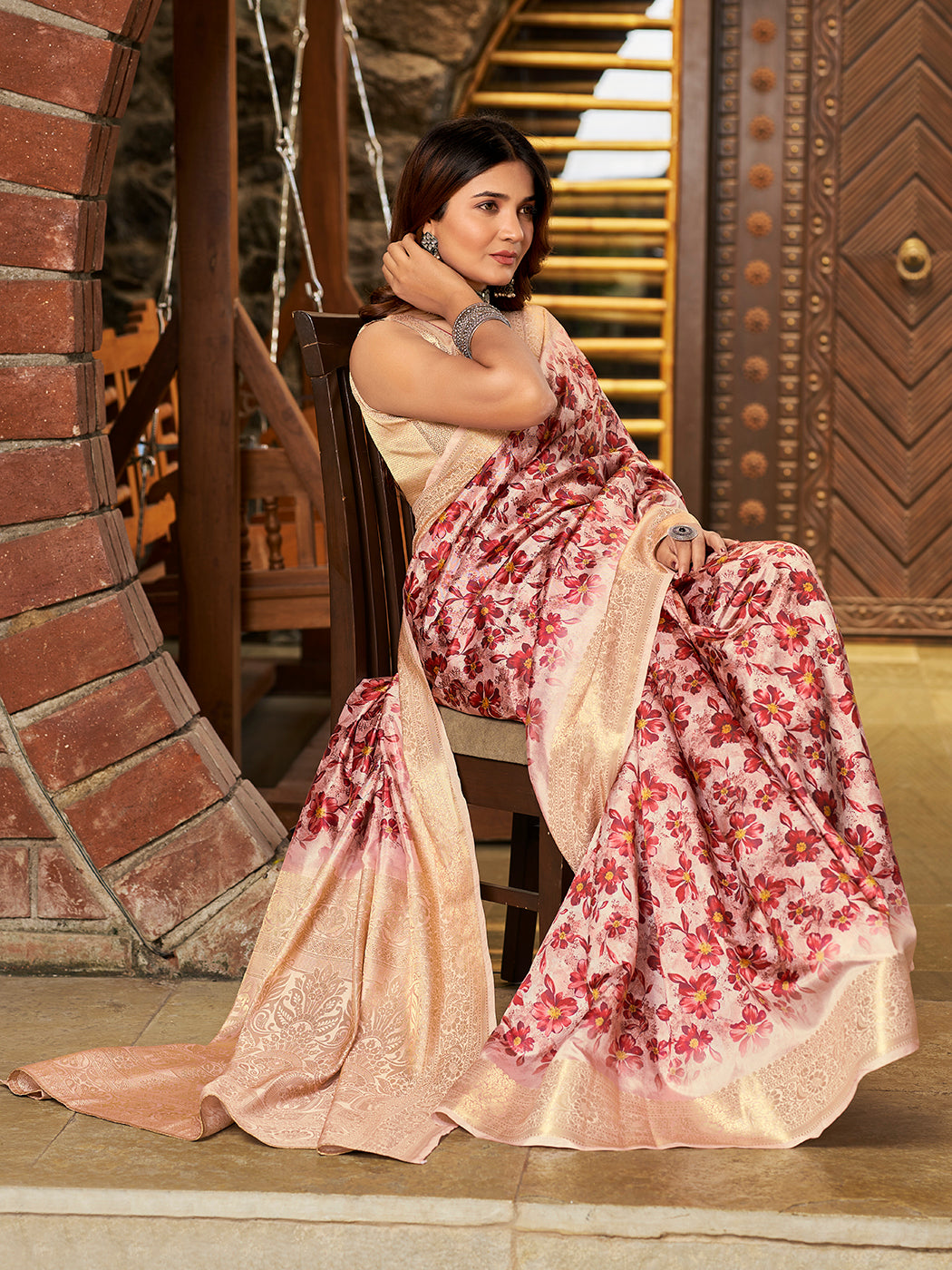 Beautiful Pink Color Saree With Floral Patterns Design .