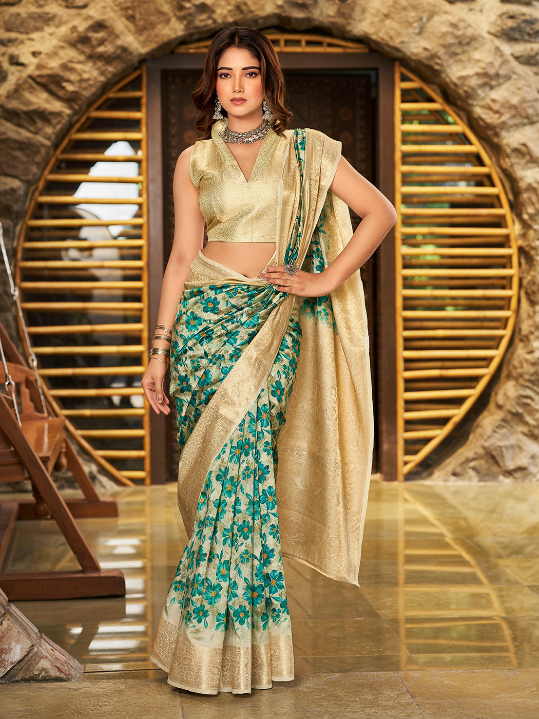 Gorgeous Sea Green Color Saree With Floral Patterns Design .