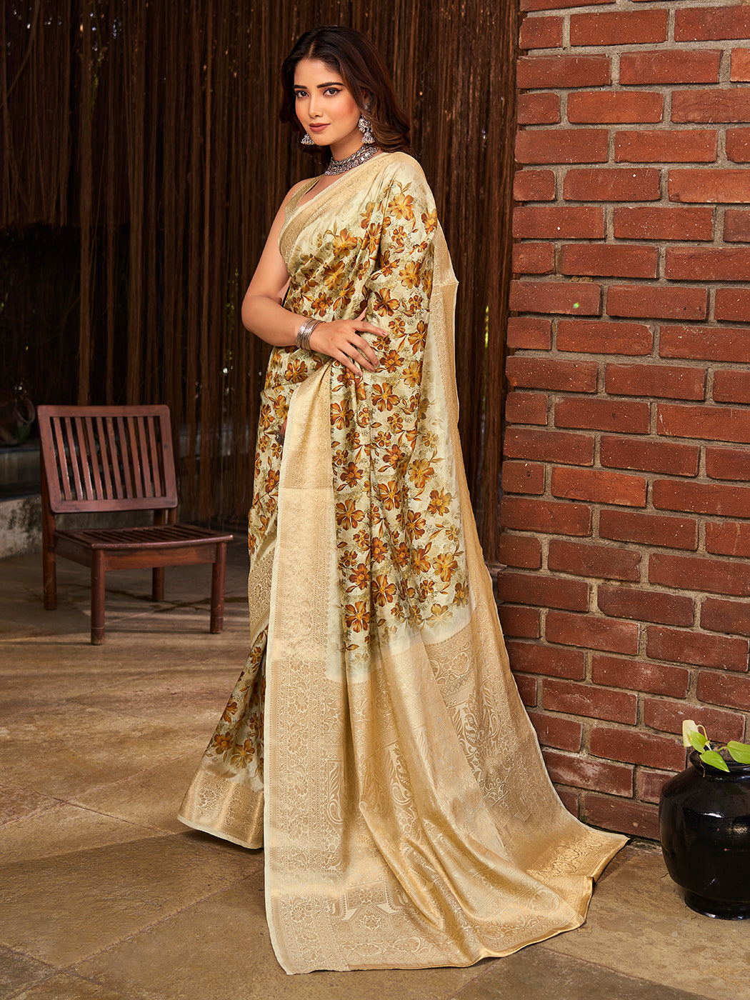 Gorgeous Beige Color Saree With Floral Patterns Design .