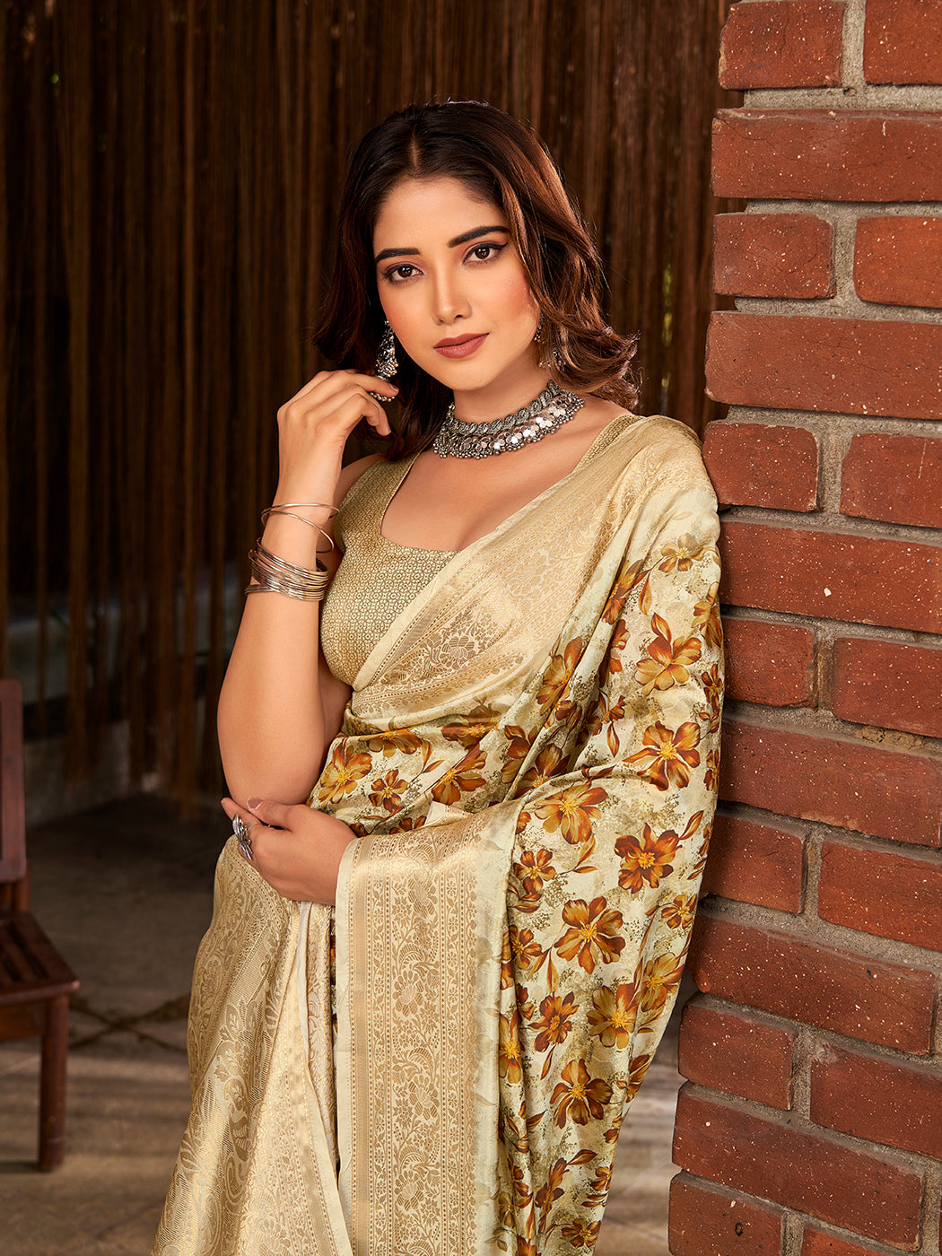 Gorgeous Beige Color Saree With Floral Patterns Design .