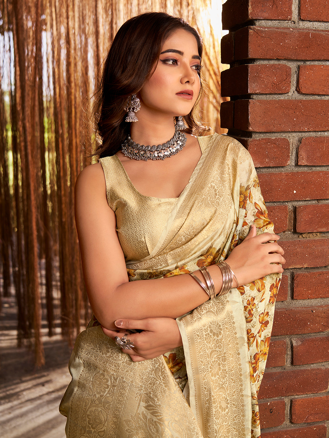 Gorgeous Beige Color Saree With Floral Patterns Design .