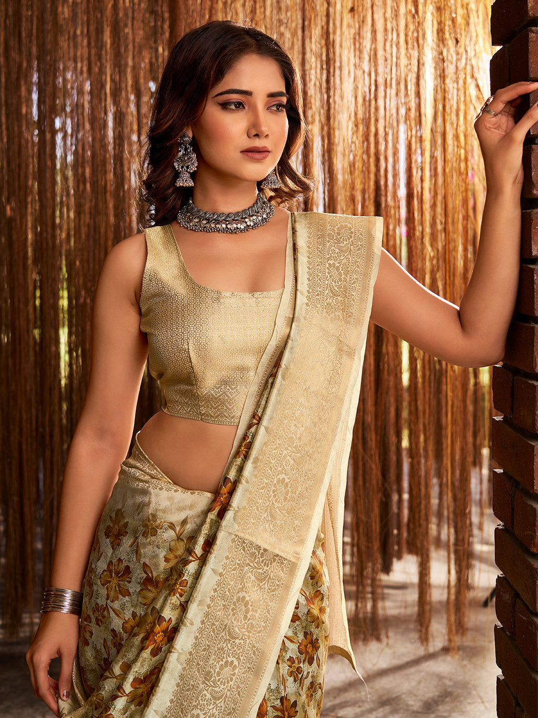 Gorgeous Beige Color Saree With Floral Patterns Design .