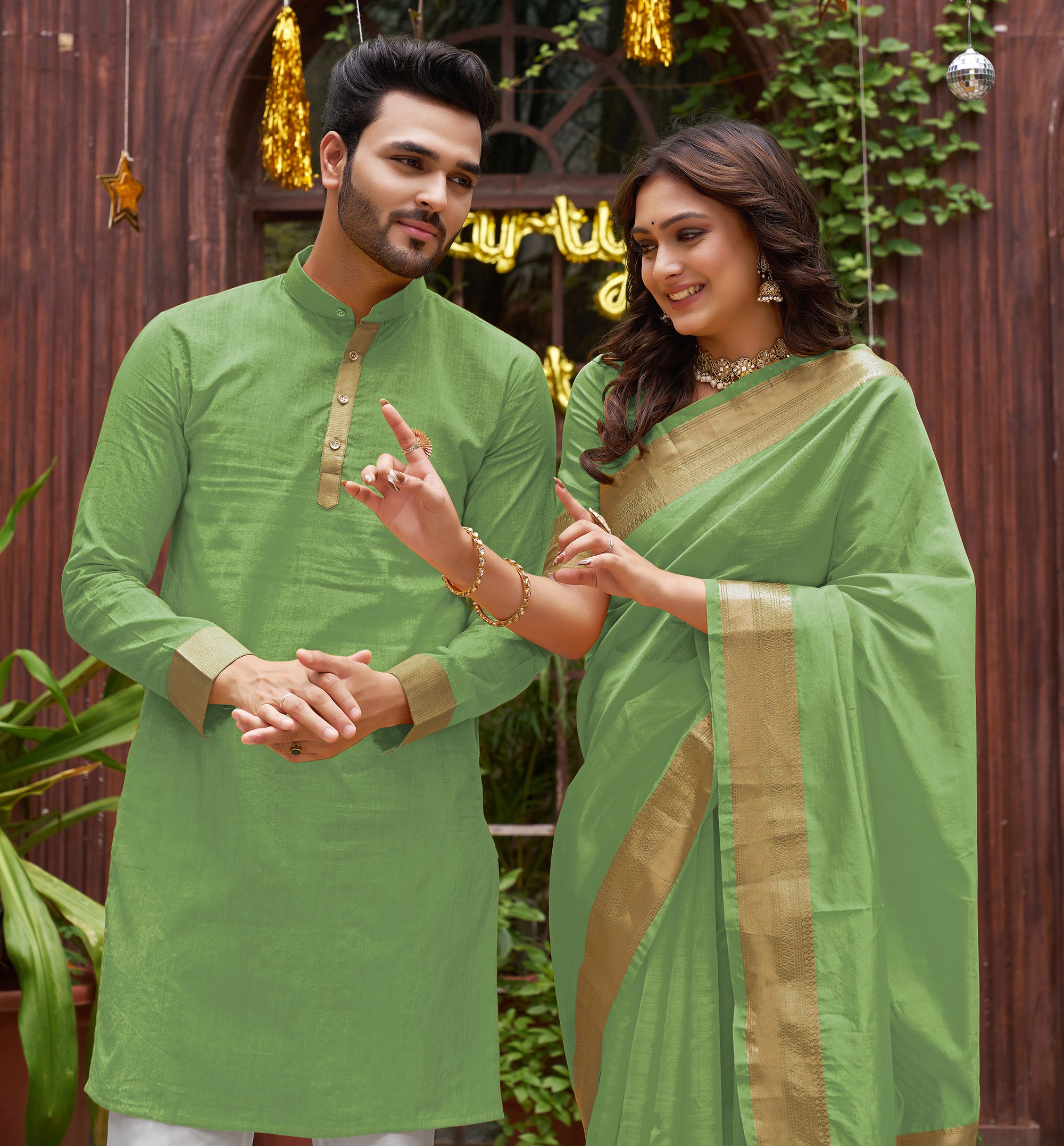 Mehndi Green Silk Couple Wear Saree with Kurta