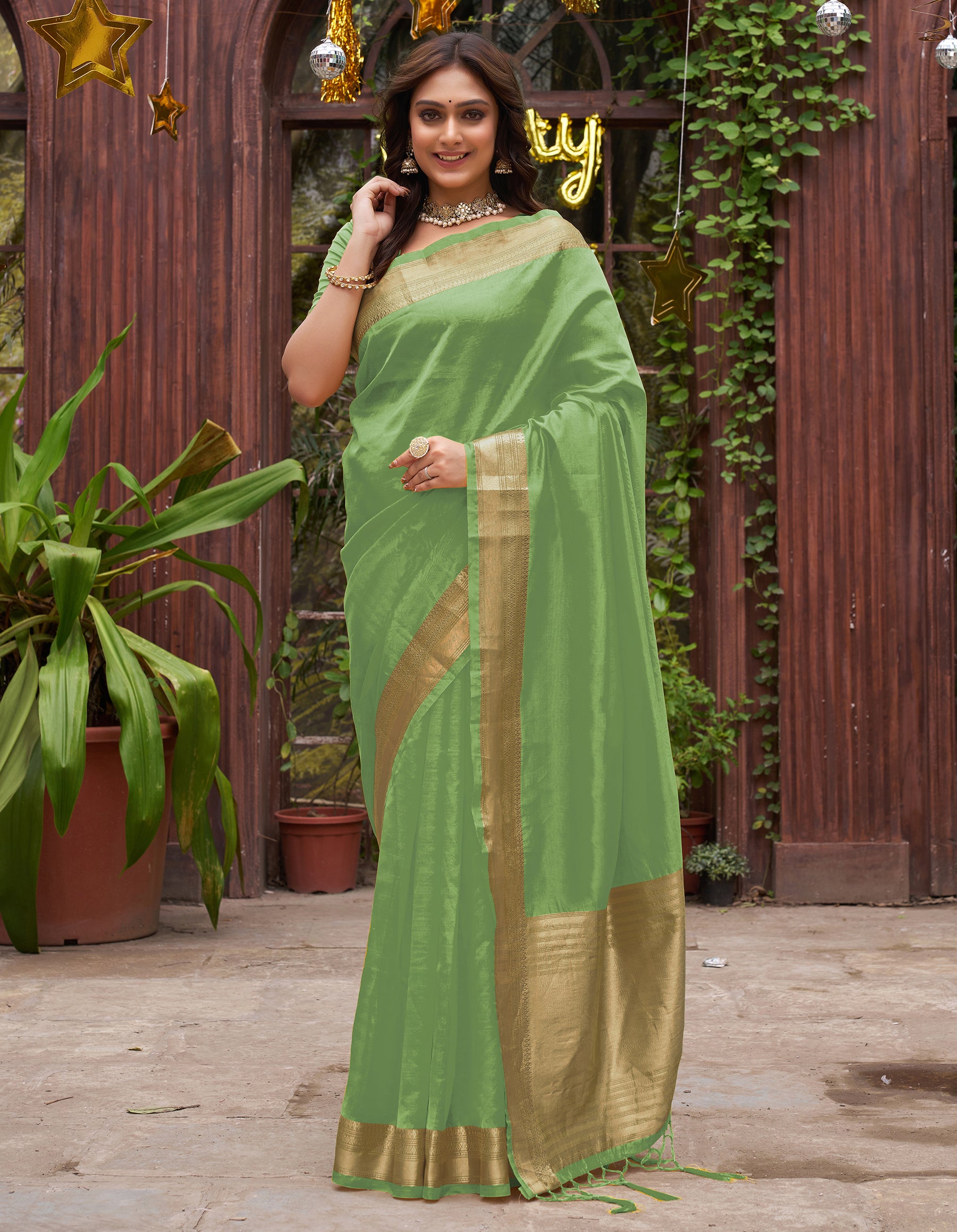 Mehndi Green Silk Couple Wear Saree with Kurta