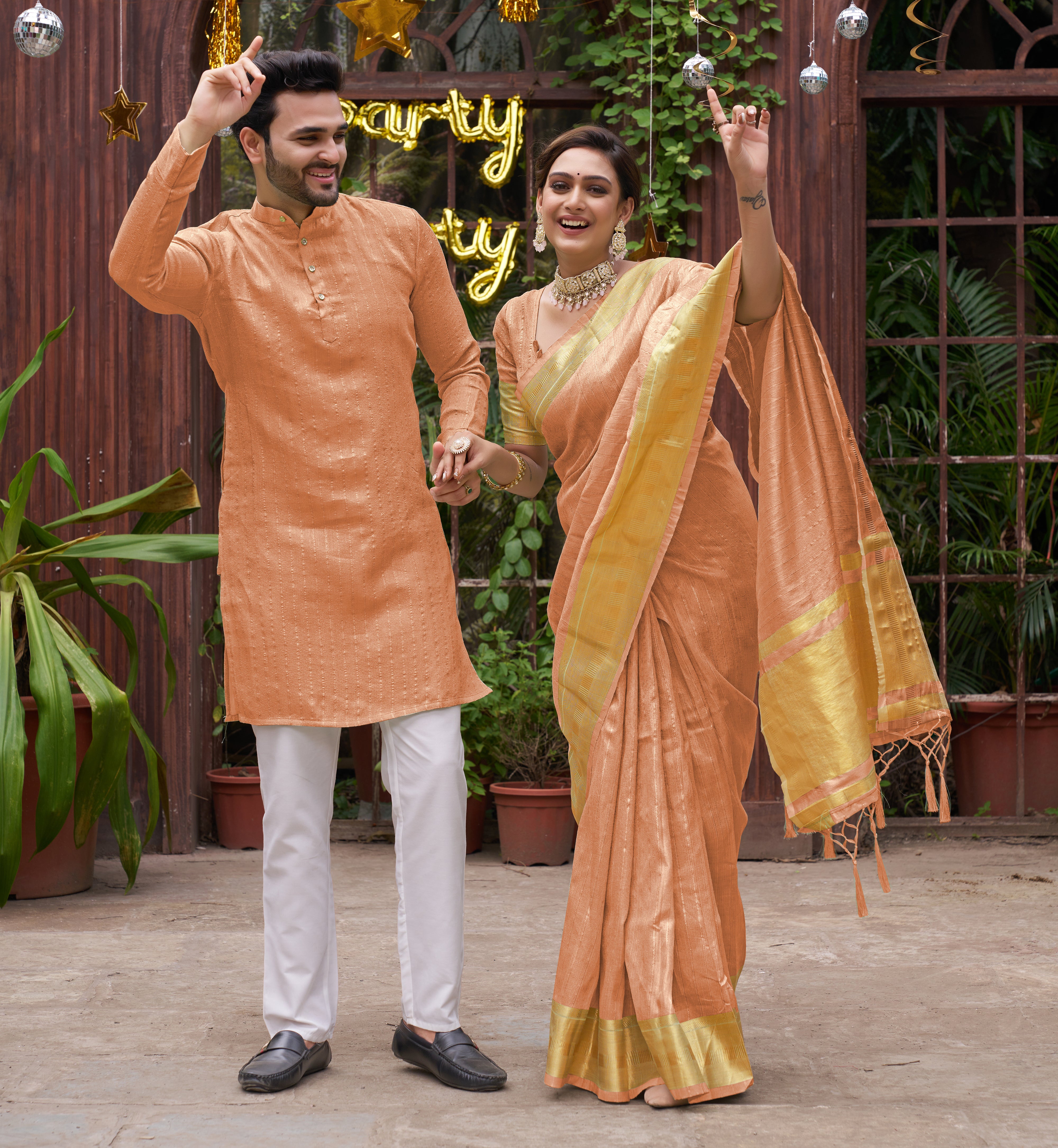 Bansari Mishri Peach Couple Set Saree with Kurta