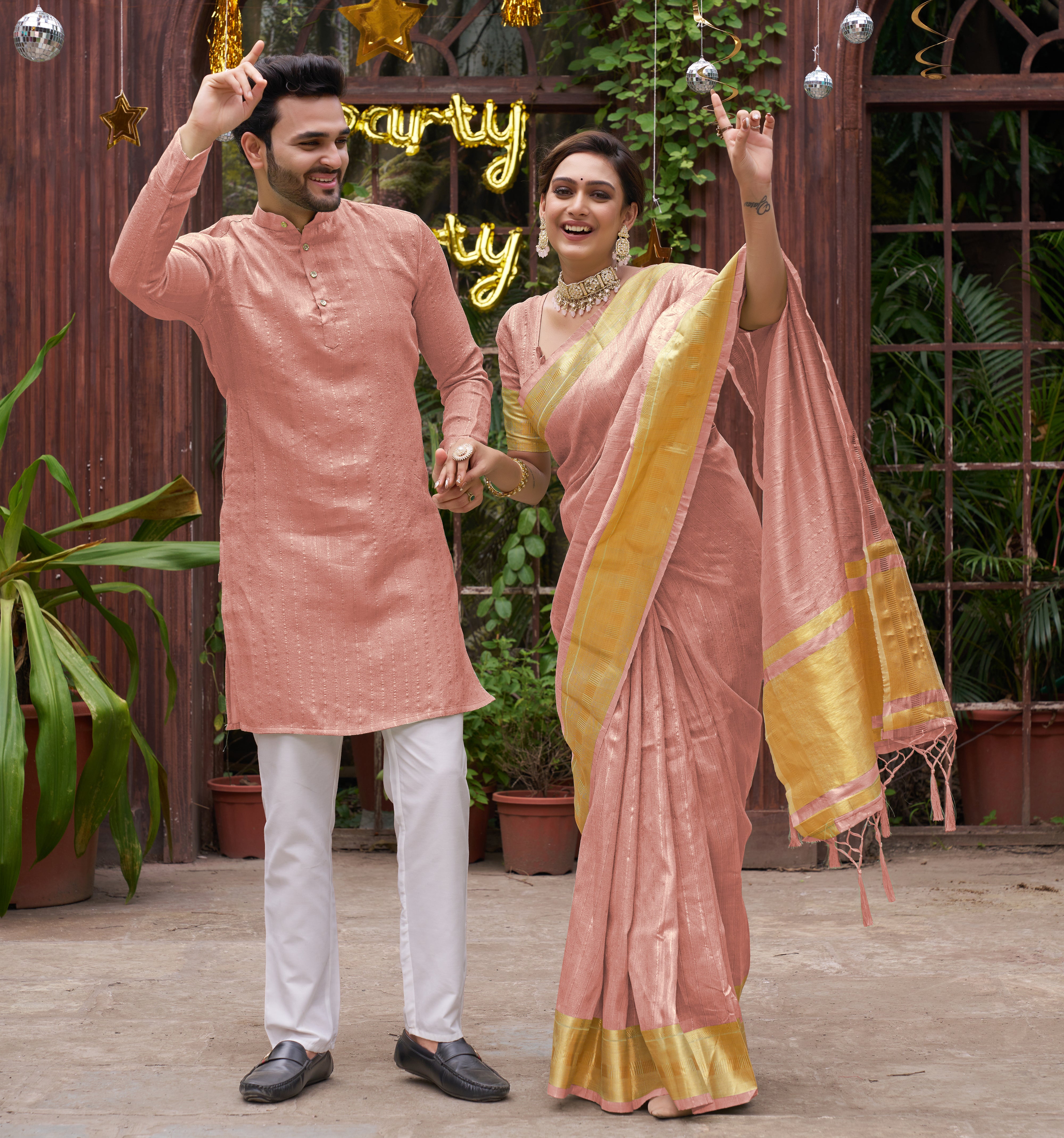 Bansari Mishri Pink Couple Set Saree with Kurta