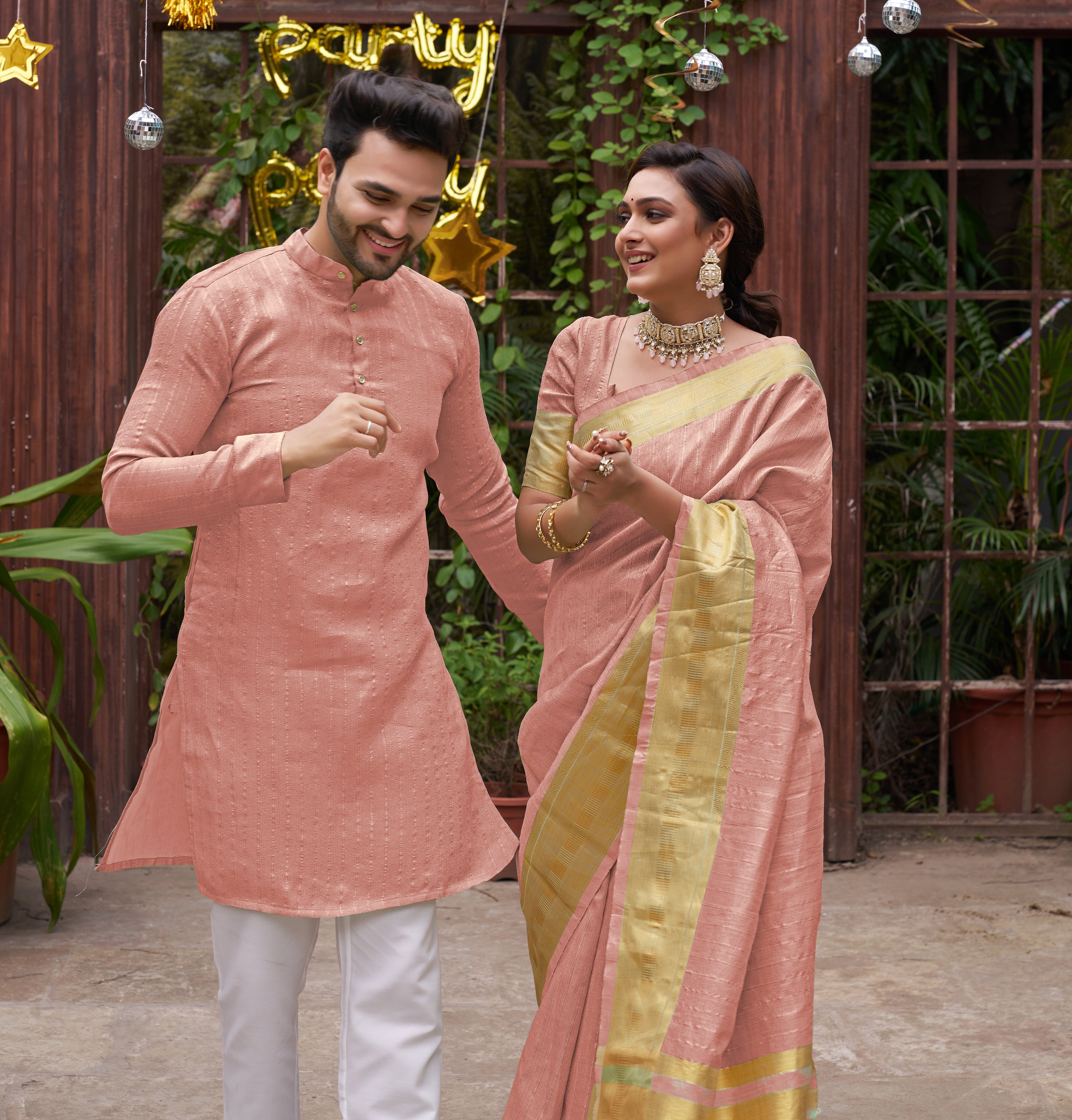 Bansari Mishri Pink Couple Set Saree with Kurta