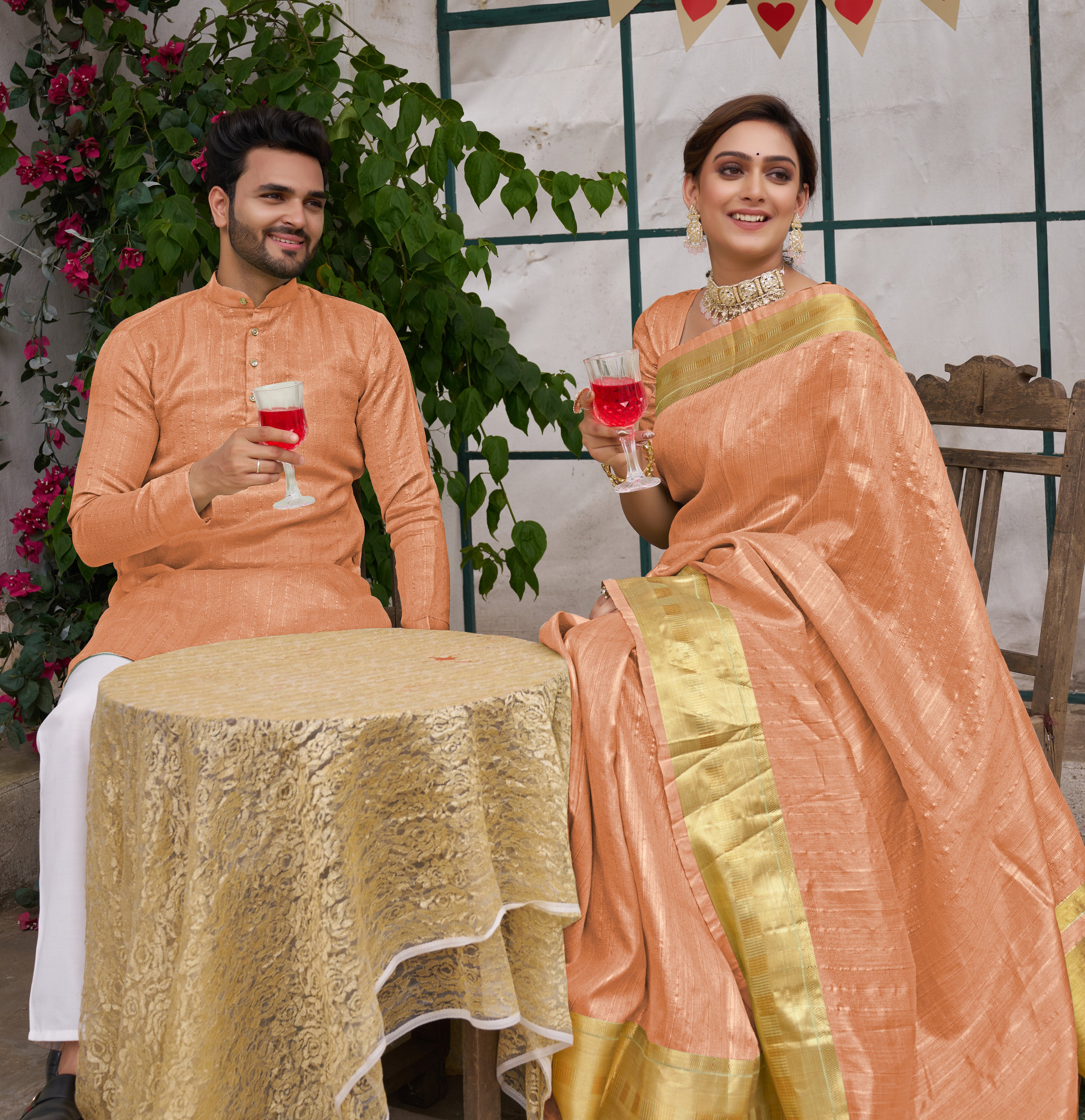 Bansari Mishri Peach Couple Set Saree with Kurta