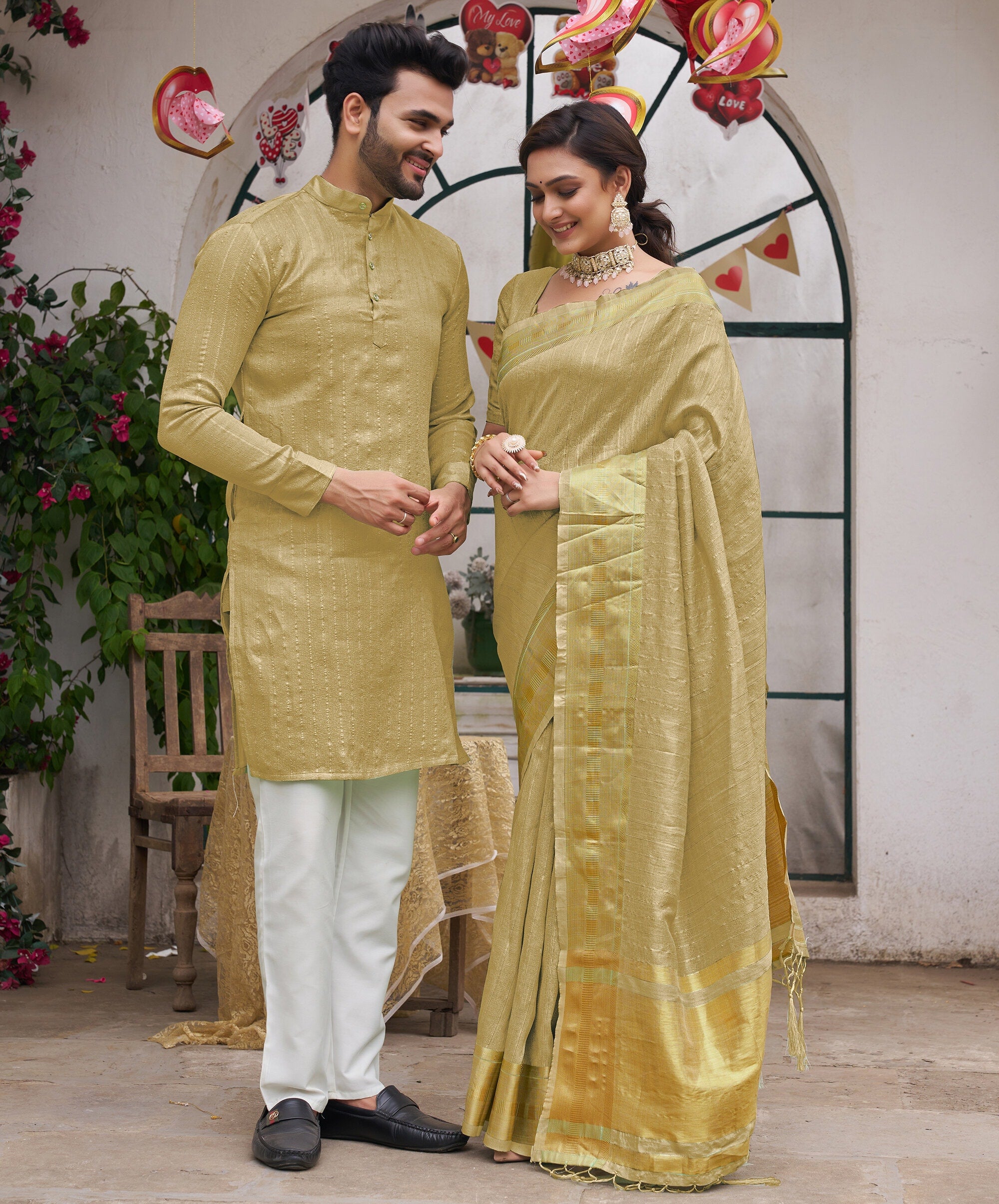 Bansari Mishri Golden Couple set Saree with Kurta