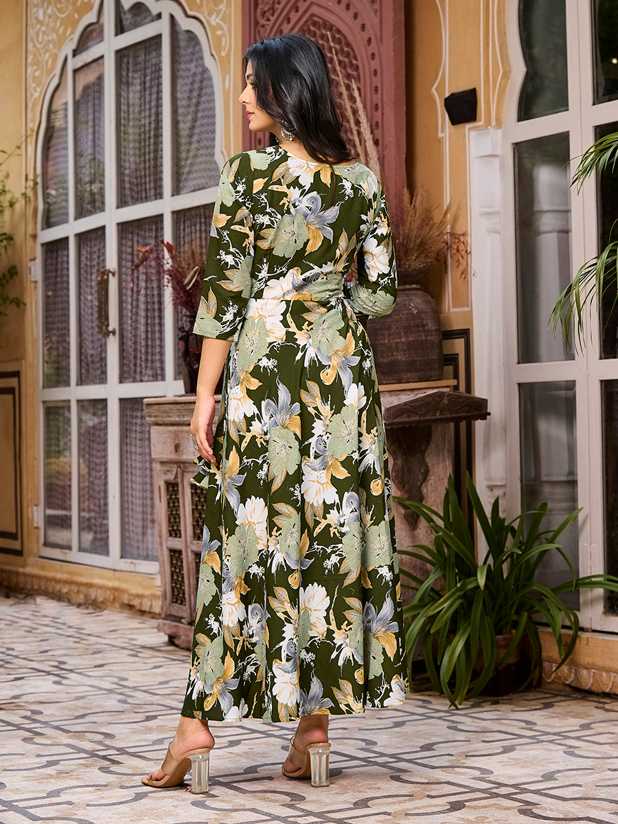 Olive Green Floral Printed Round Shape Kurta