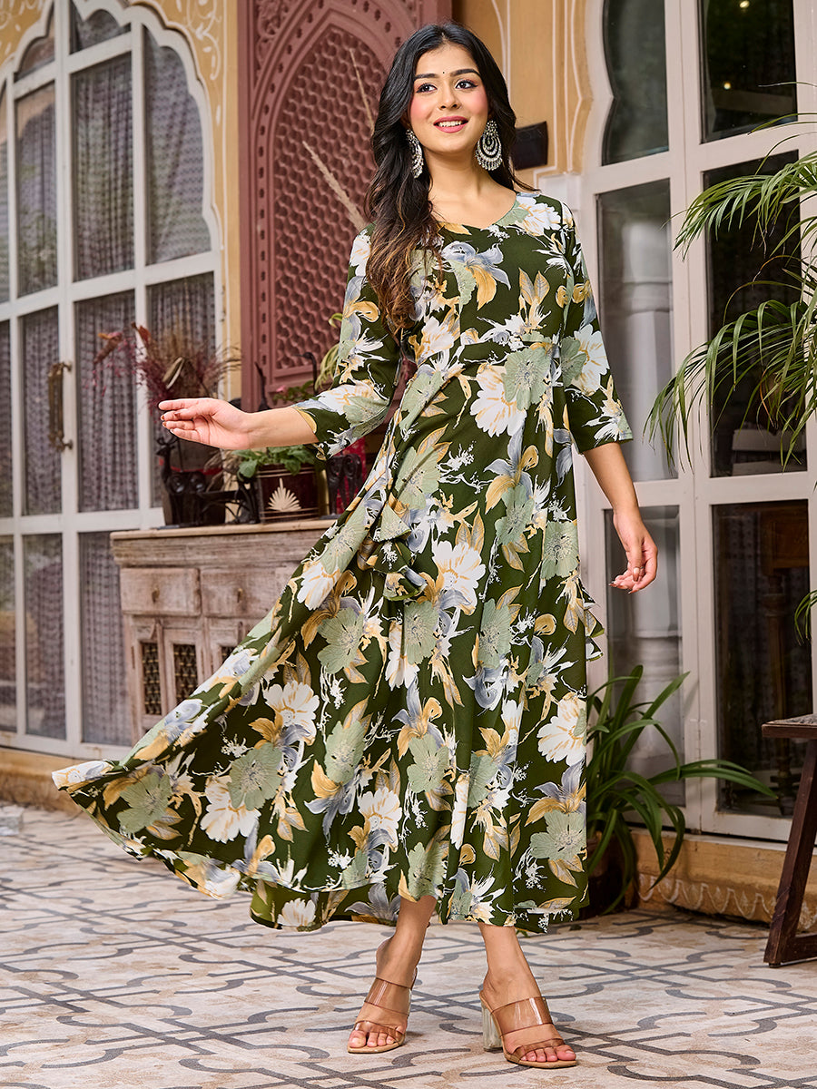 Olive Green Floral Printed Round Shape Kurta