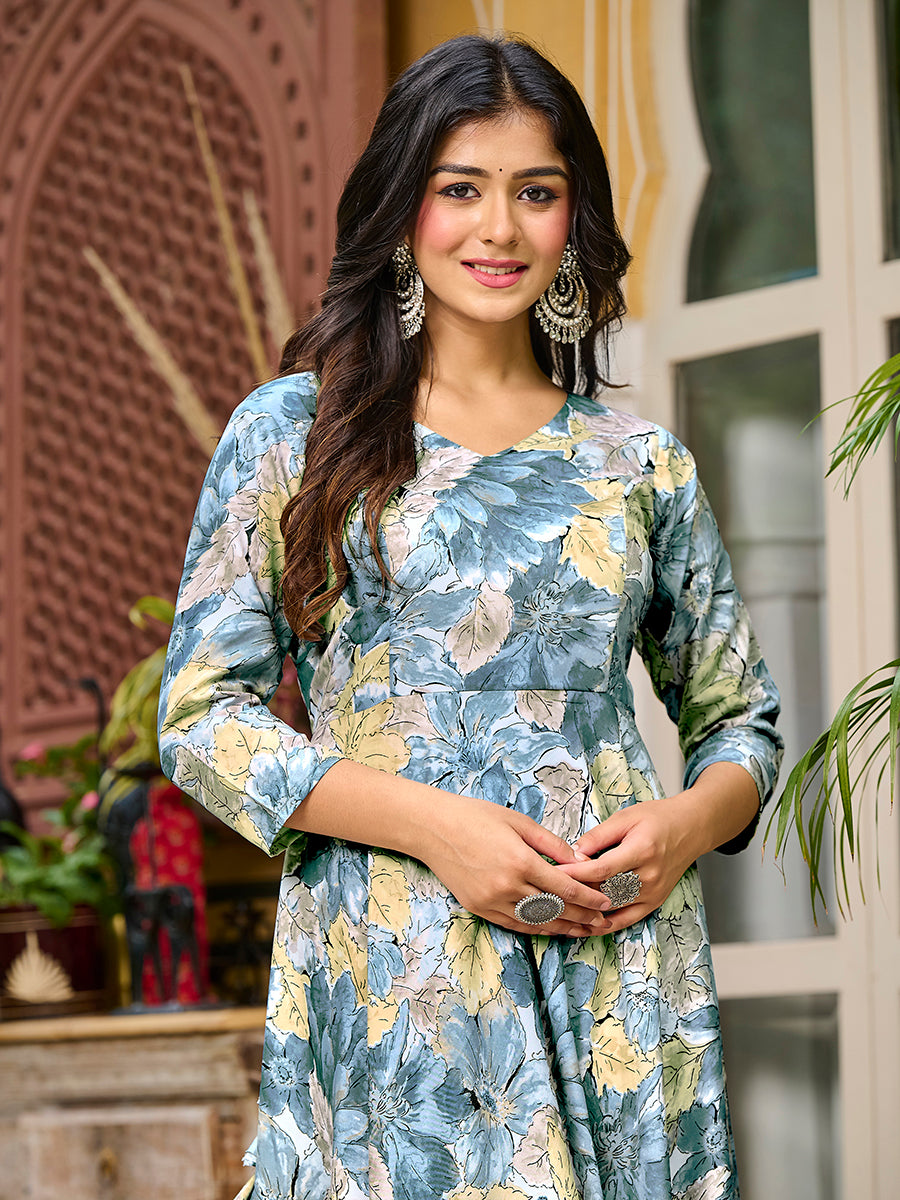 Bluish Grey Floral Printed Round Shape Kurta