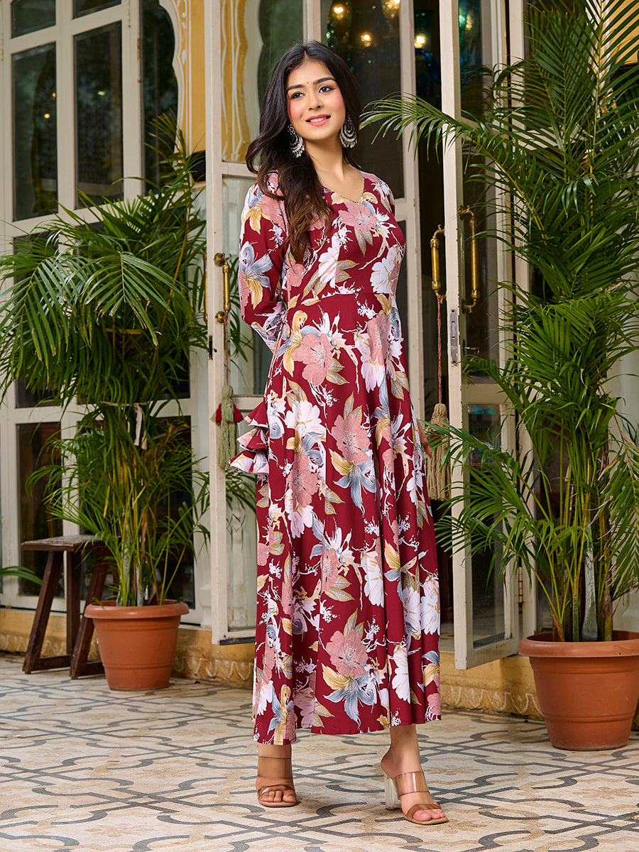 Dark Red Floral Printed Round Shape Kurta