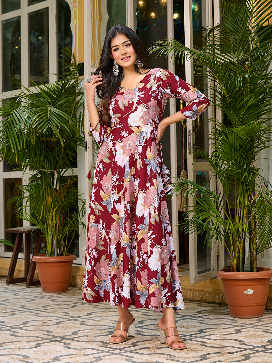 Dark Red Floral Printed Round Shape Kurta