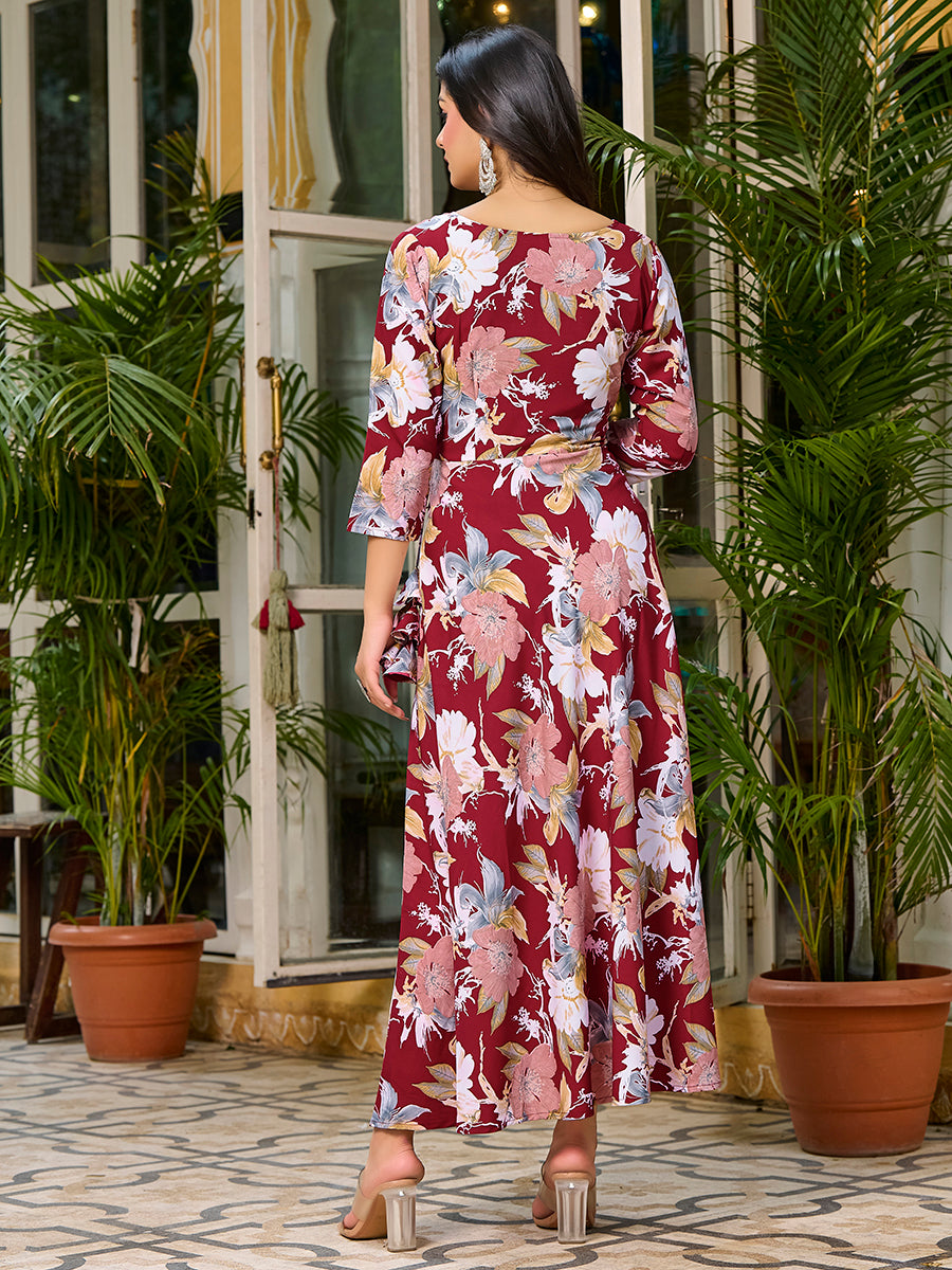 Dark Red Floral Printed Round Shape Kurta