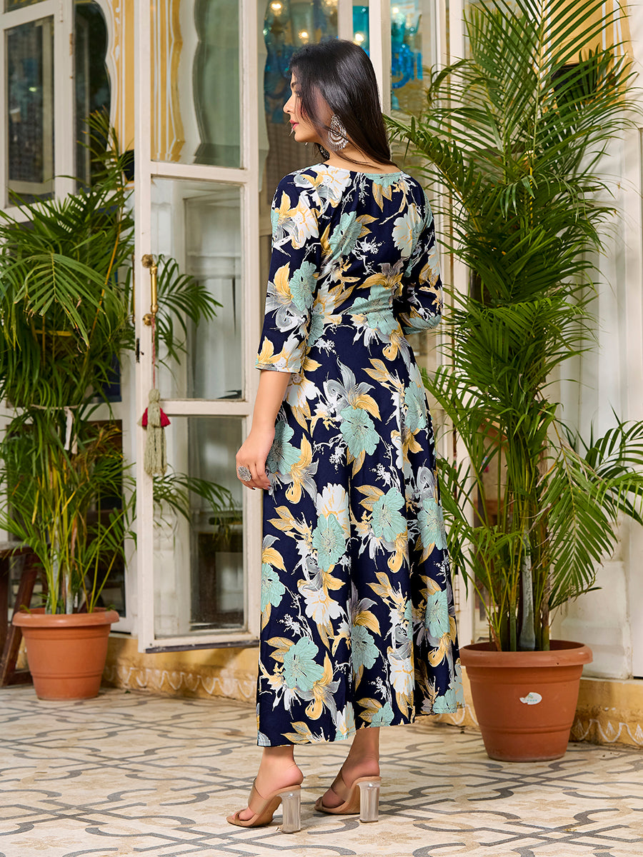 Navy Blue Floral Printed Round Shape Kurta