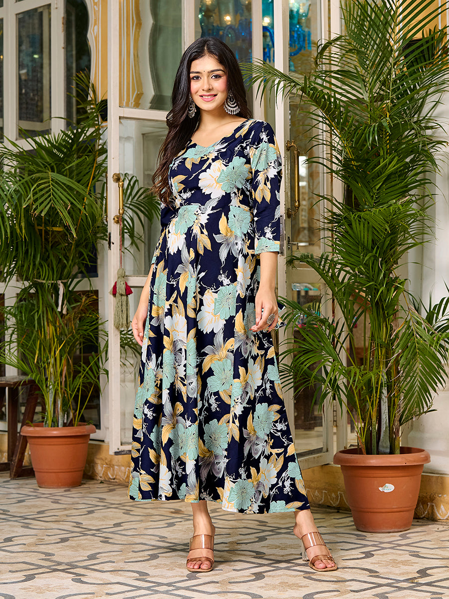 Navy Blue Floral Printed Round Shape Kurta