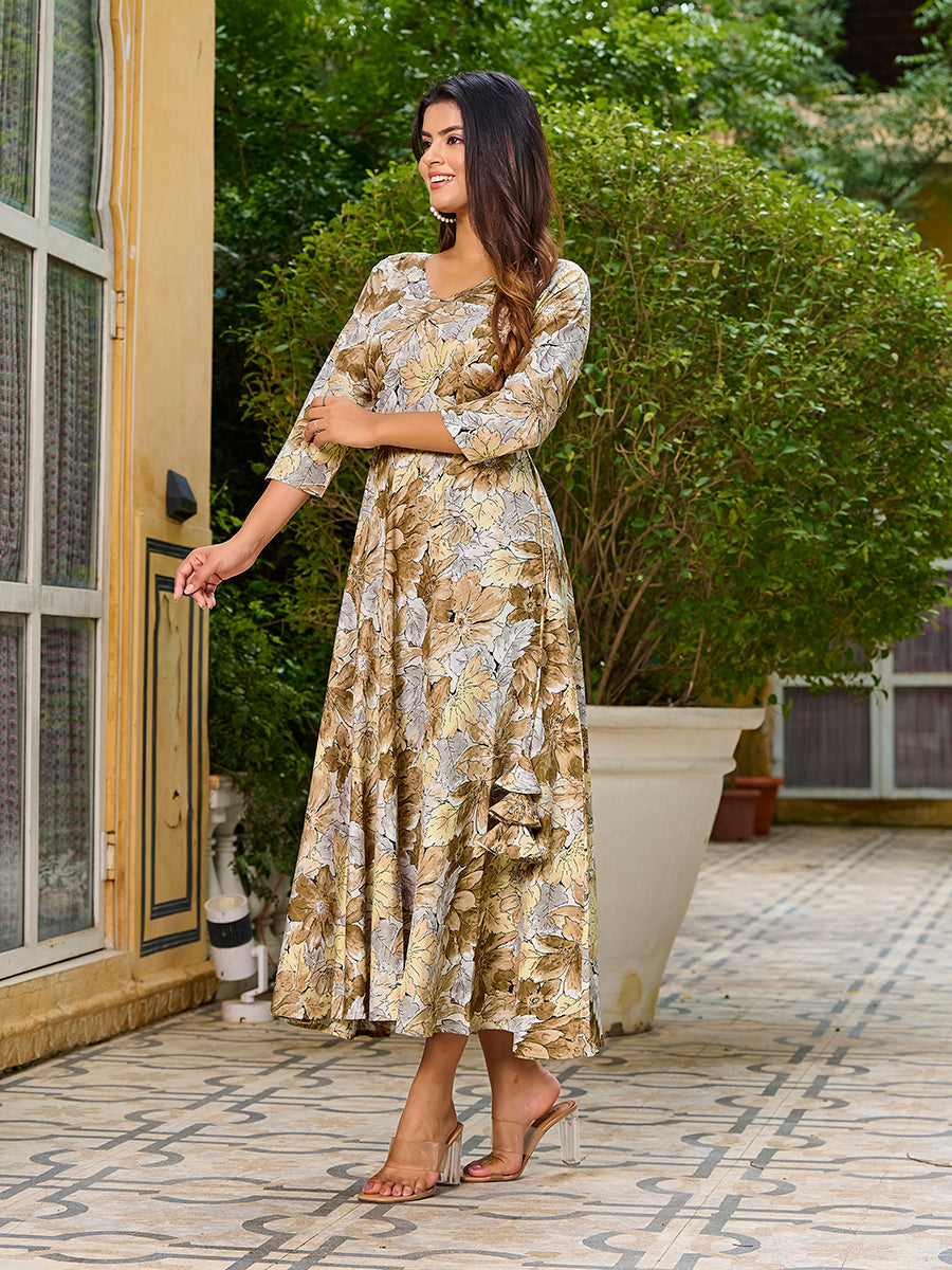 Dark Mustard Floral Printed Round Shape Kurta