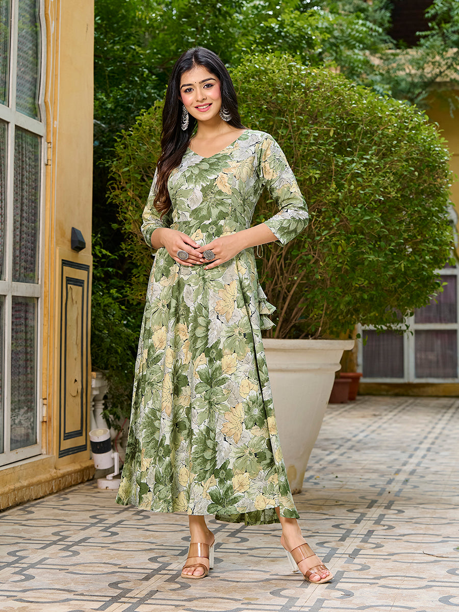 Light Green Floral Printed Round Shape Kurta