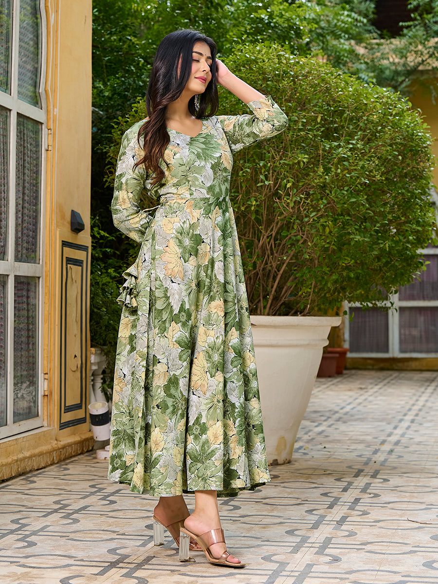 Light Green Floral Printed Round Shape Kurta