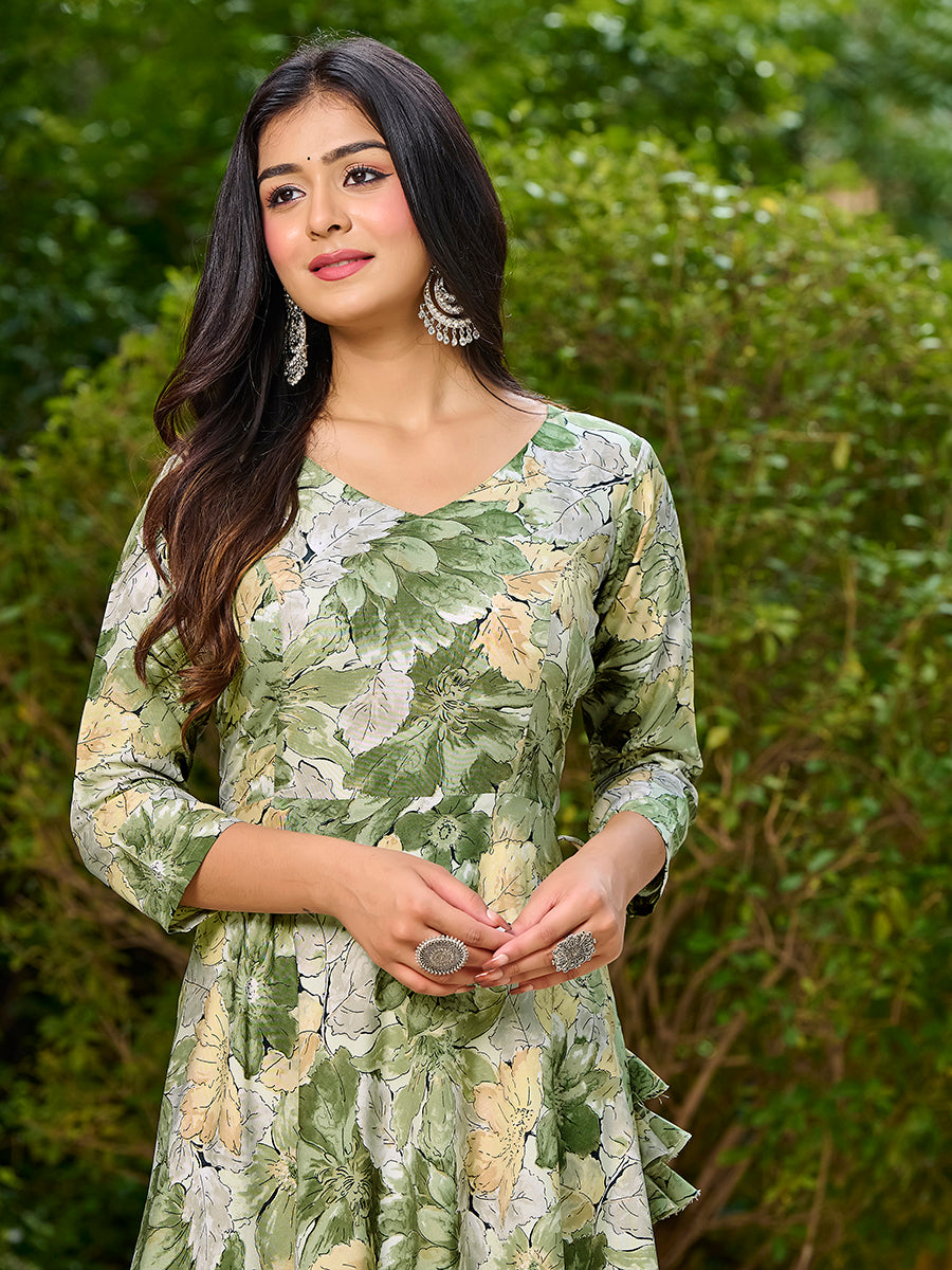 Light Green Floral Printed Round Shape Kurta