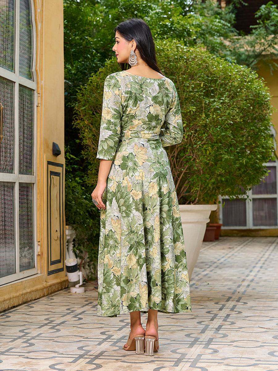 Light Green Floral Printed Round Shape Kurta