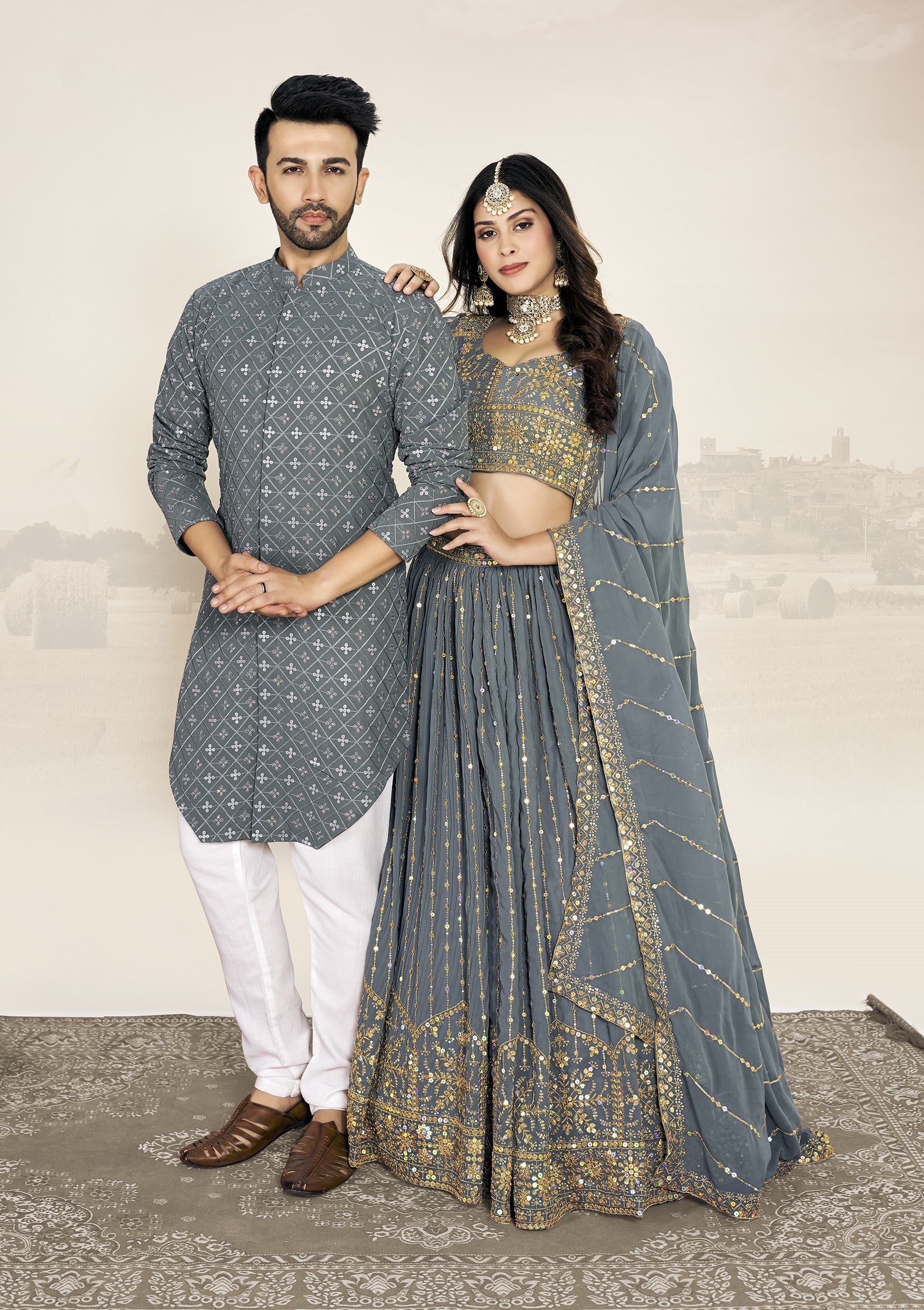 Grey Soft Georgette Embroidered Wedding Wear Couple Wear Set