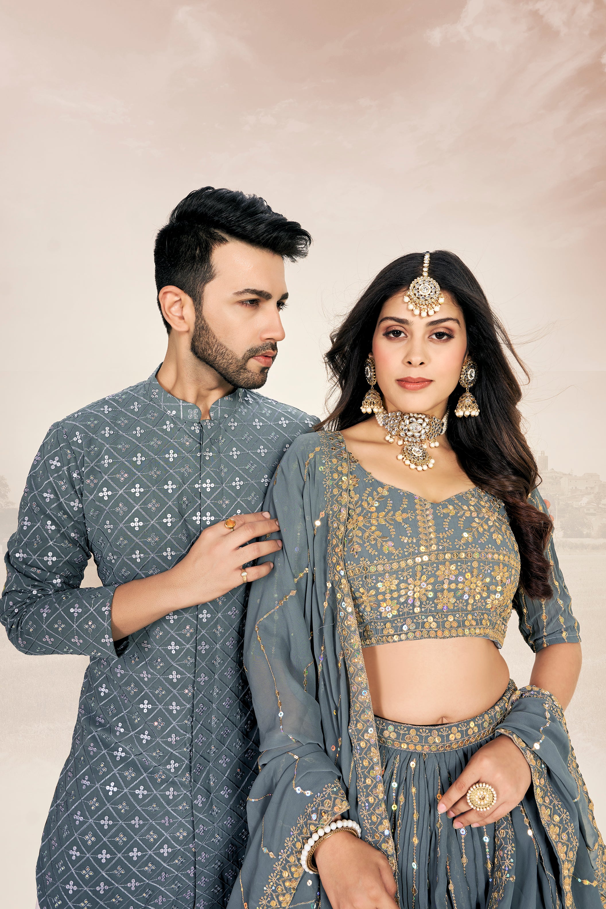 Grey Soft Georgette Embroidered Wedding Wear Couple Wear Set