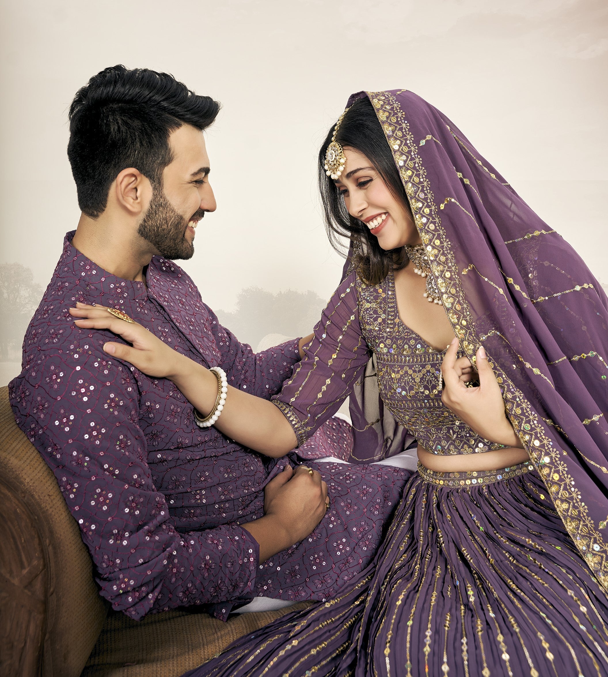 Purple Soft Georgette Embroidered Wedding Wear Couple Wear Set