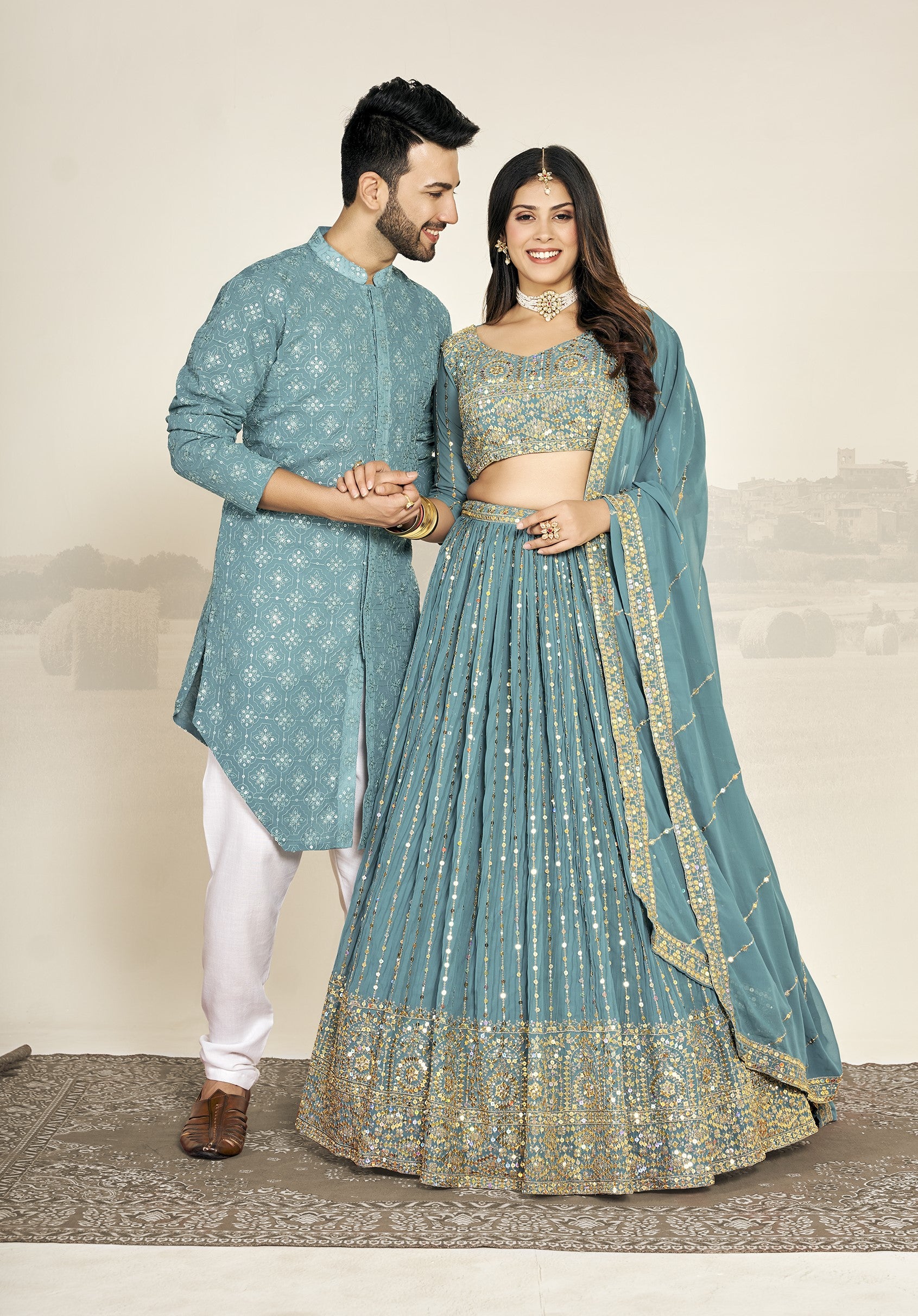 Light Blue Georgette Embroidered Wedding Wear Couple Wear Set